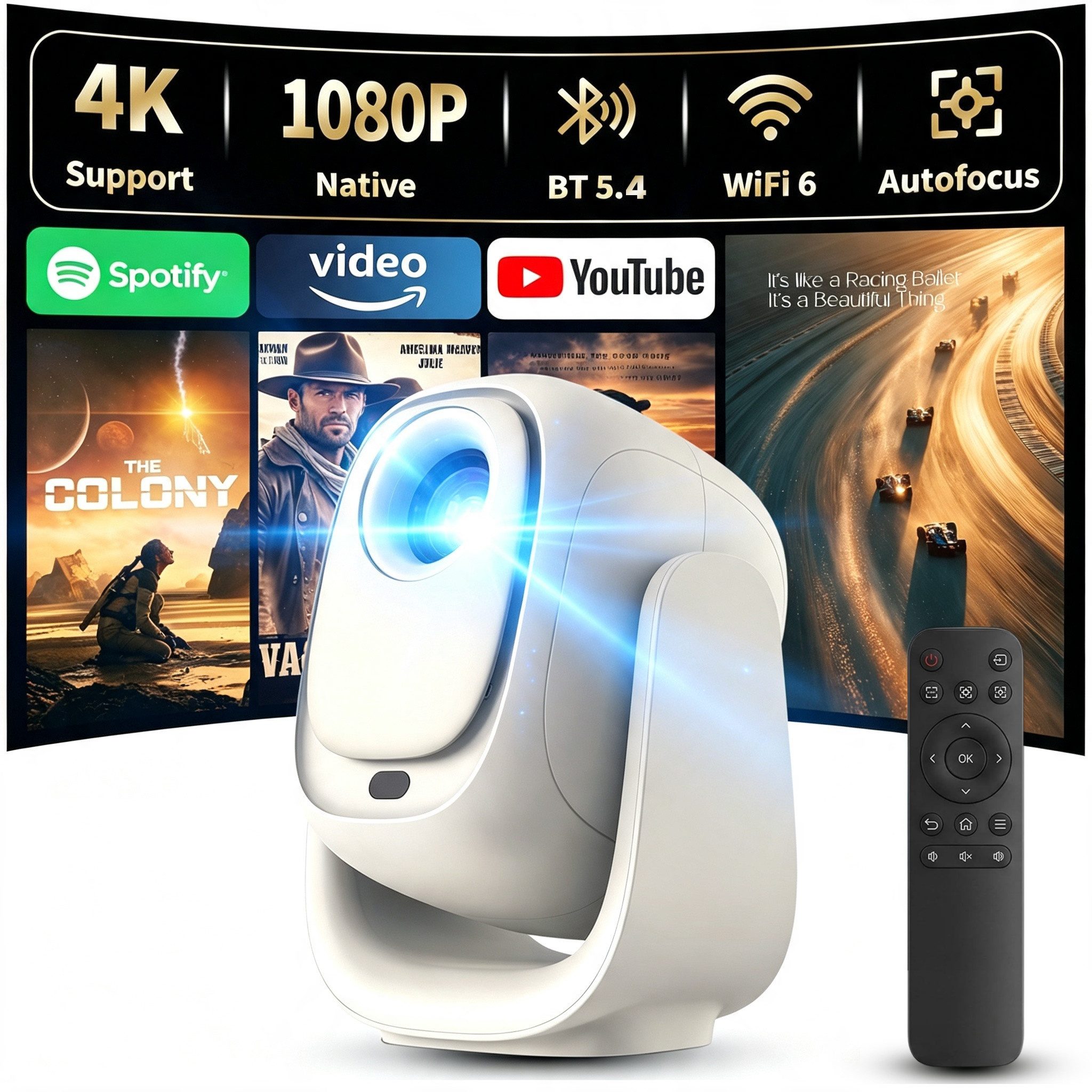 Forrlite Mini Beamer 4K Unterstützt,Beamer Integrierte APP,20000 Lumens Mini-Beamer (Automatische Trapezkorrektur,WiFi 6 180°Dreh Projektor Tragbar)
