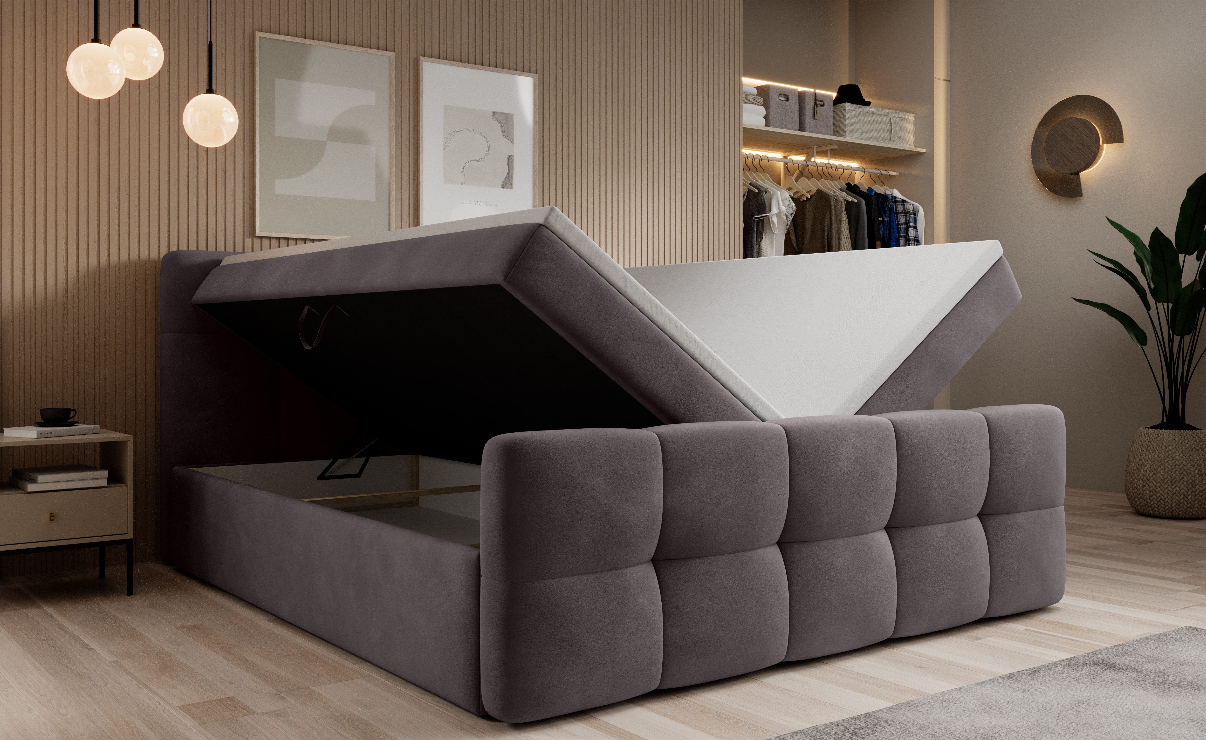 thematys Boxspringbett mit Bettkasten 140x200–200x200 cm – Velours oder Bouclé Bezug – (Polsterbett Bonnellfederkern Matratze H3 + Gratis 3cm Topper, Boxbett - Luxus Doppelbett mit Stauraum)