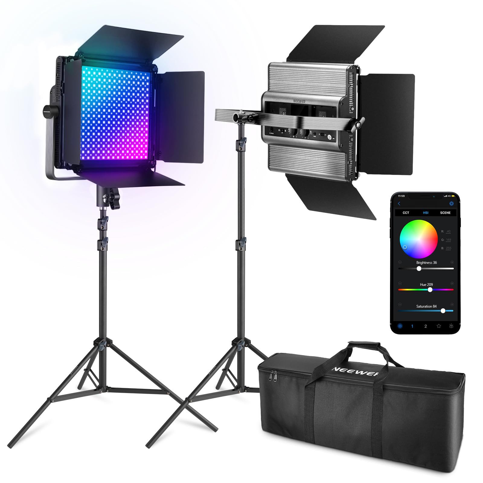Neewer Videoleuchte RGB1200 2er-Pack 60W LED Videoleuchte RGB, mit Stativ und Tasche, mit APP/2,4G Steuerung, 22000Lux@0,5m, für Studio Dauerlicht