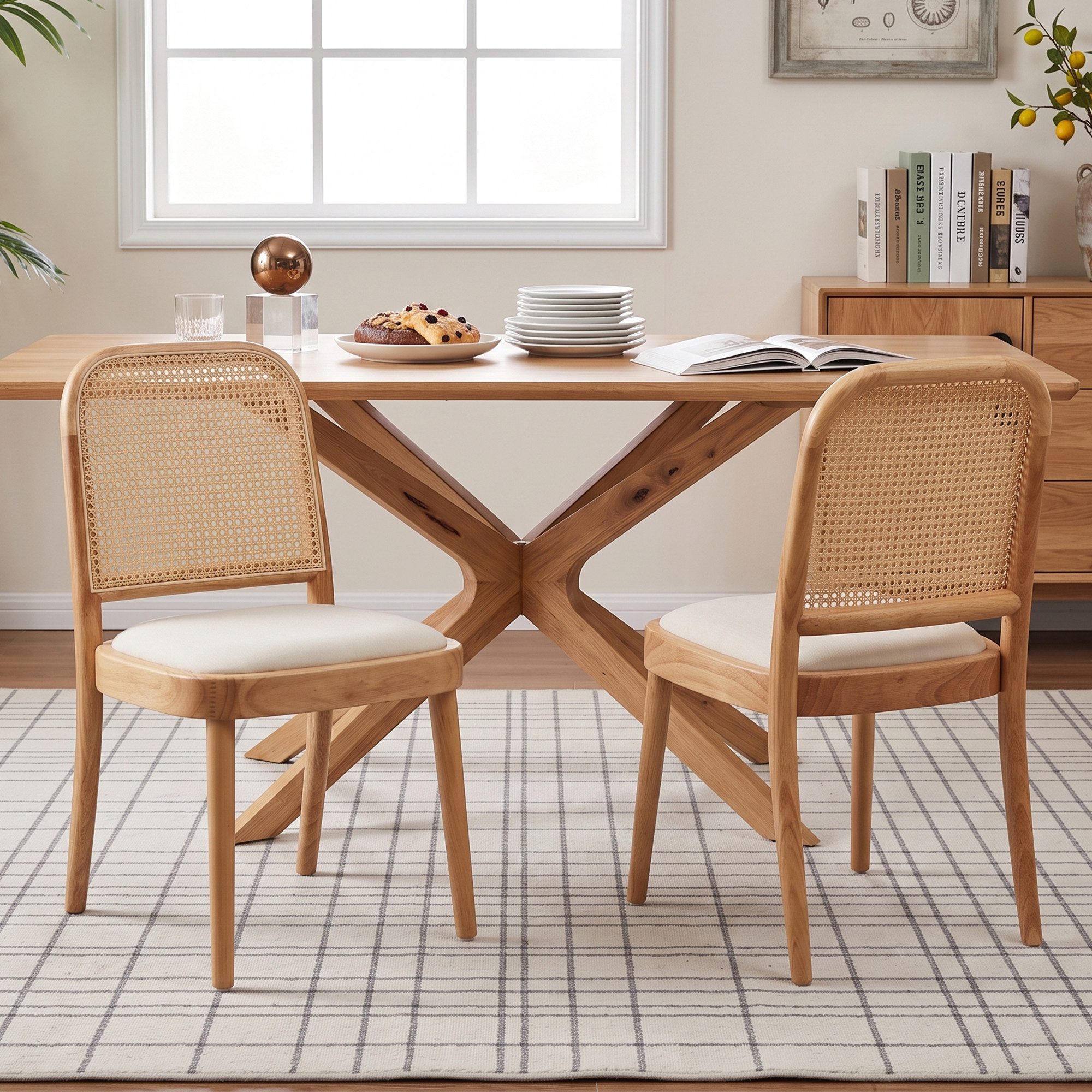 Flieks Esszimmerstuhl Gestell aus Massivholz, Rattan-Rückenlehnen & Leinen-Sitzfläche (Set, 2 St), 2er Set Polsterstühle Rattanstuhl Wohnzimmerstuhl Beige&Natur