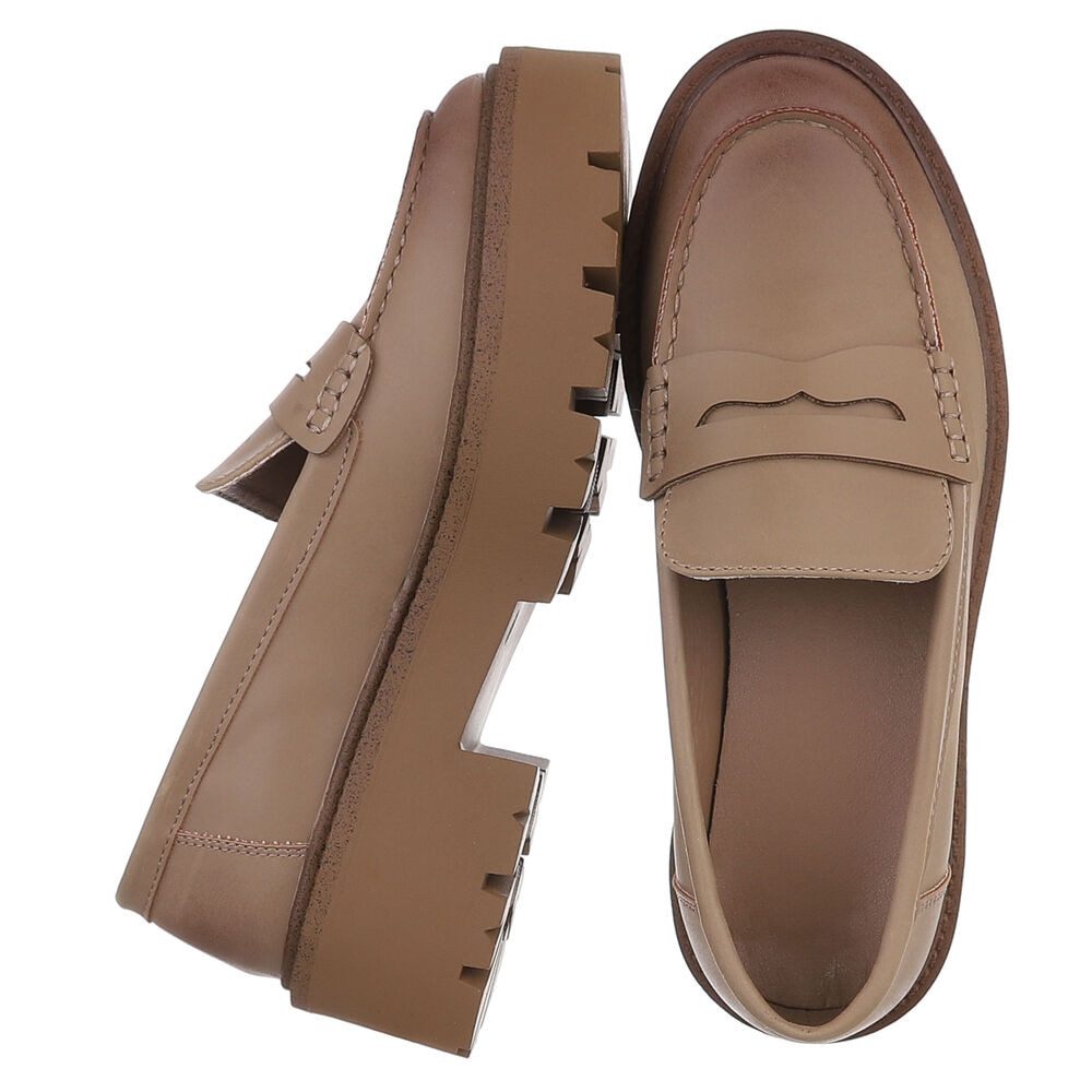 Ital-Design Elegante Plateau-Lederloafers für Damen im Alltag Slipper (91261543) Blockabsatz Mokassins in Hellbraun