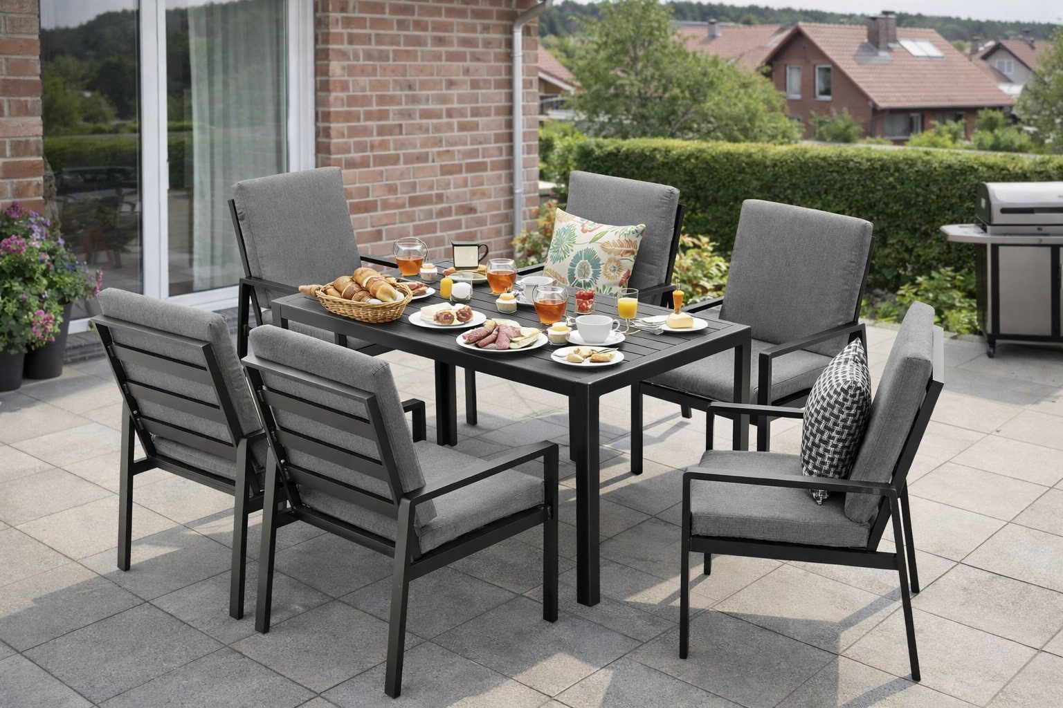 MeXo Gartenlounge-Set Gartenmöbel Set Aluminium Outdoor, (Garten-Essgruppe für 6 Personen, 7-tlg., mit Polywood Tisch & Auflagen), wetterfest für Terrasse & Garten