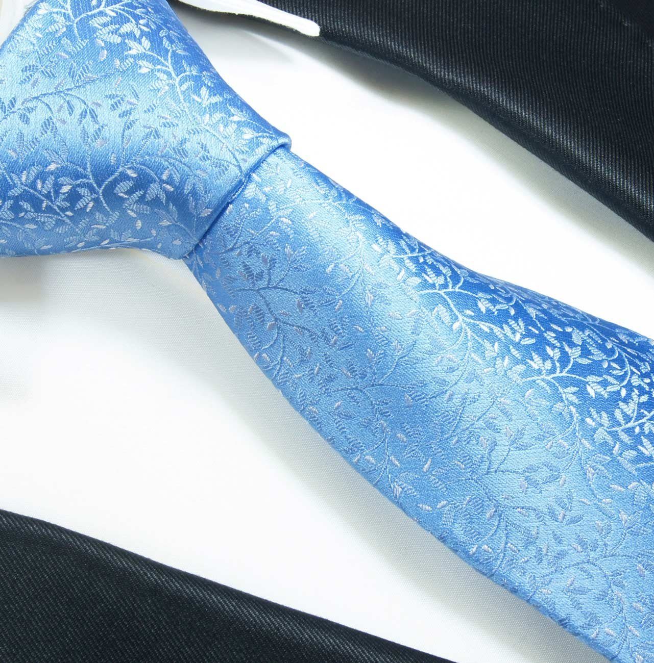 Krawatte Paul lang 100% mit 2-St., (165cm), Seidenkrawatte Krawatte geblümt Extra mit Schmal Malone Herren Einstecktuch) Tuch modern (6cm), hellblau Seide (Set, 2133