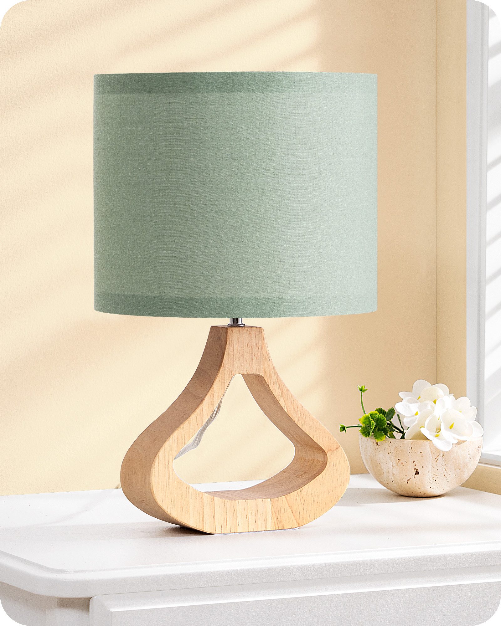 EDISHINE Nachttischlampe Höch 34cm Holz, LED wechselbar, warmweiß, Lampe mit Ein-/Ausschalter, E27 Fassung mit 2700K LED-Glühbirne