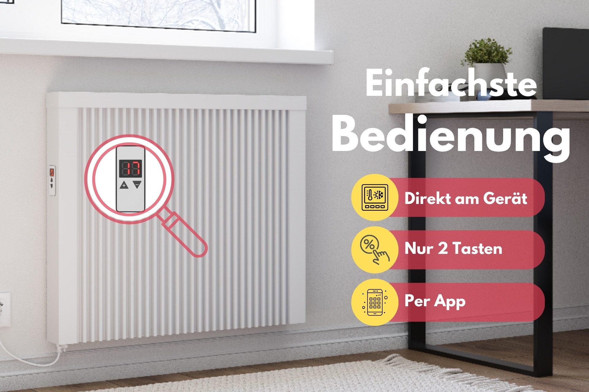eVARMO Elektro-Heizkörper Flächenspeicherheizung areo direct 2.0, moderne Elektroheizung, Einfaches 2-Knopf-Thermostat, Appsteuerung ohne Zusatzgerät möglich