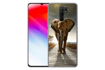 MuchoWow Handyhülle Elefant - Straße - Tiere - Sonnenuntergang - Landschaft, Phone Case, Handyhülle Xiaomi Redmi 9, Silikon, Schutzhülle