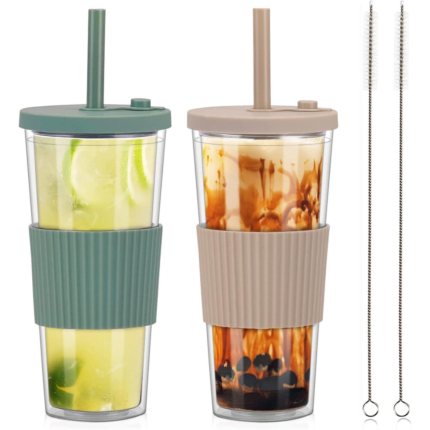 LuxusKollektion Coffee-to-go-Becher 2er Set Bubble Tea Becher mit Deckel und Strohhalm 24oz Grün+Kaffee