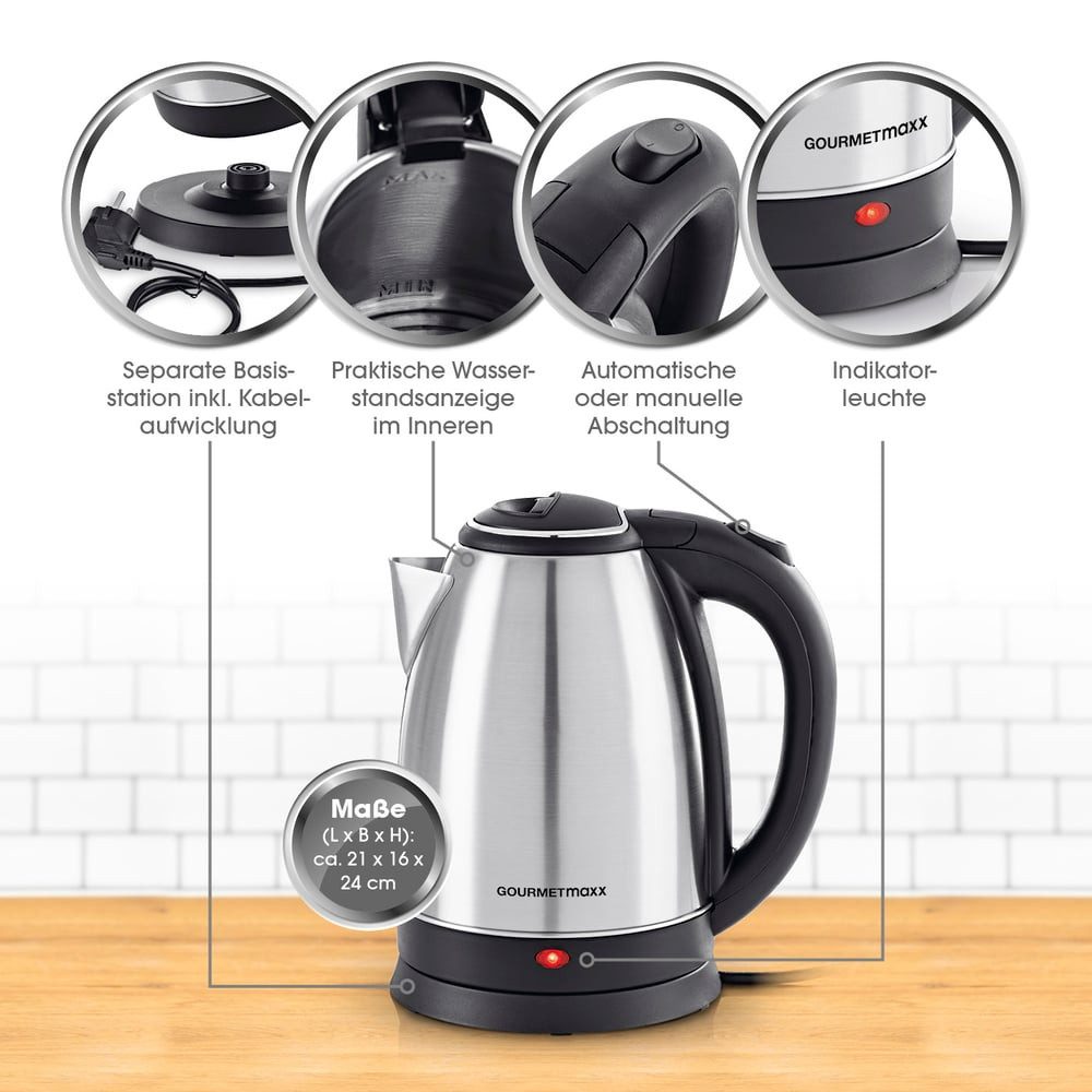 GOURMETmaxx Wasserkocher Wasserkocher Mit großem Fassungsvermögen 1,8 l, 1500 W, Boiler mit Abschaltfunktion 360° Basisstation Kabellos 1500 W