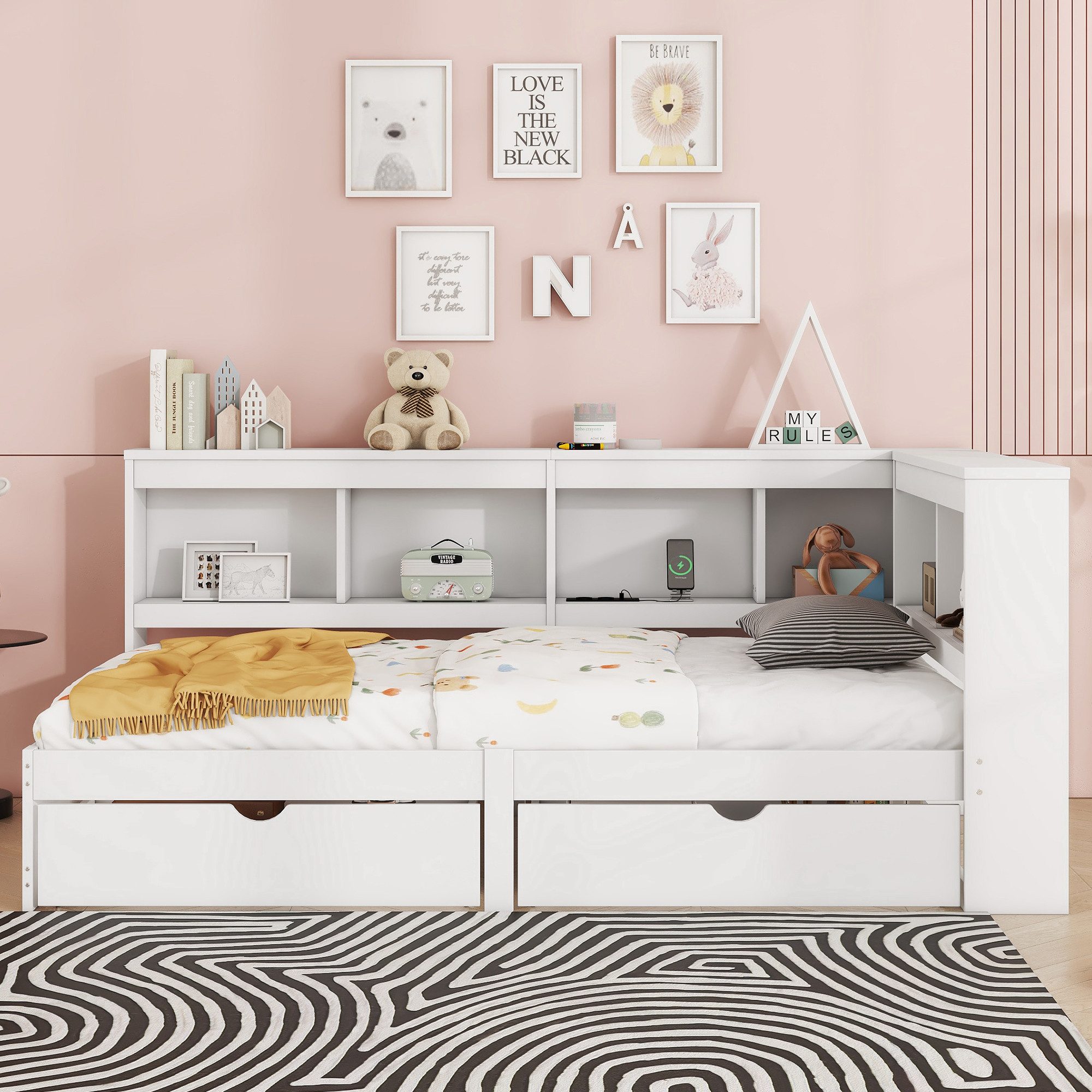 MODFU Schlafsofa Daybett Tagesbett Einzelbett Jugendbett Kinderbett, mit zwei Schubladen, Mit Steckdose und 2 USB-Anschlüssen, Bett mit Lattenrost, ohne Matratze