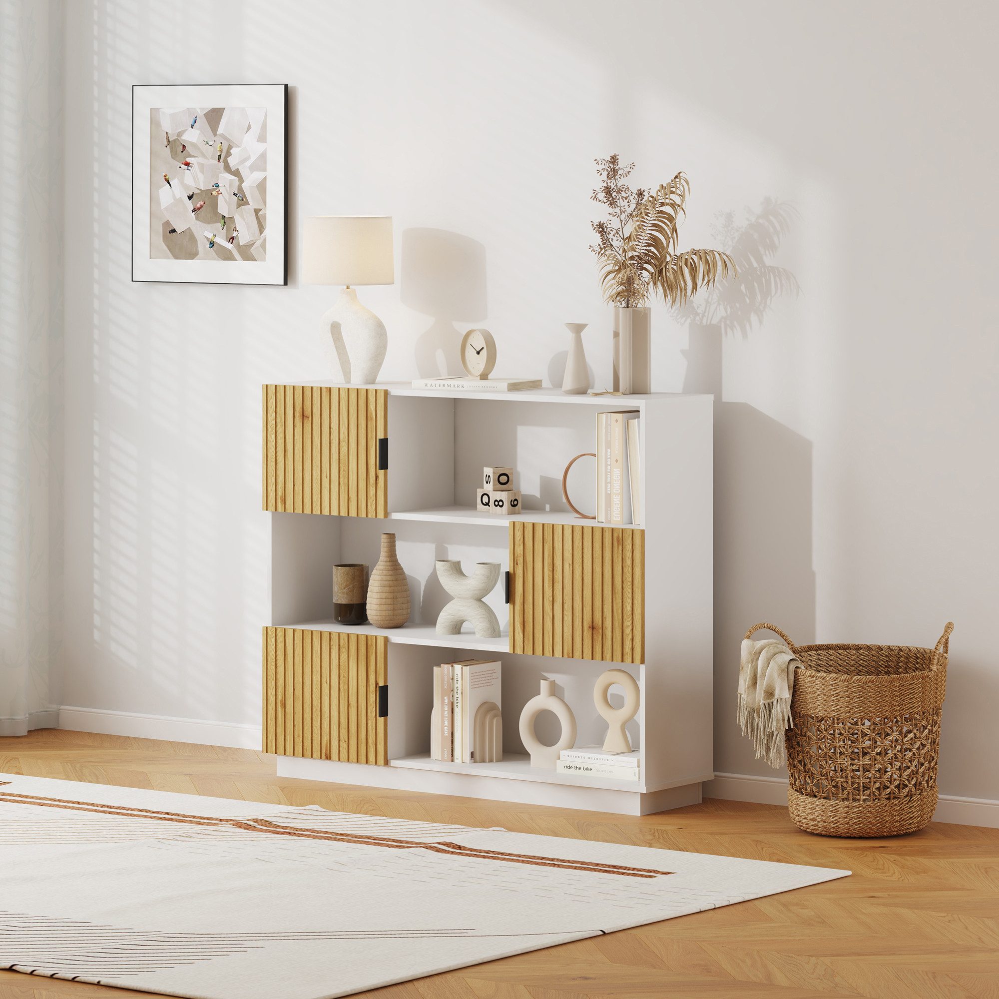 en.casa Bücherregal, »Verhundar« mit 3 Türen 102 x 120 x 30 cm Weiß / Holzfarben