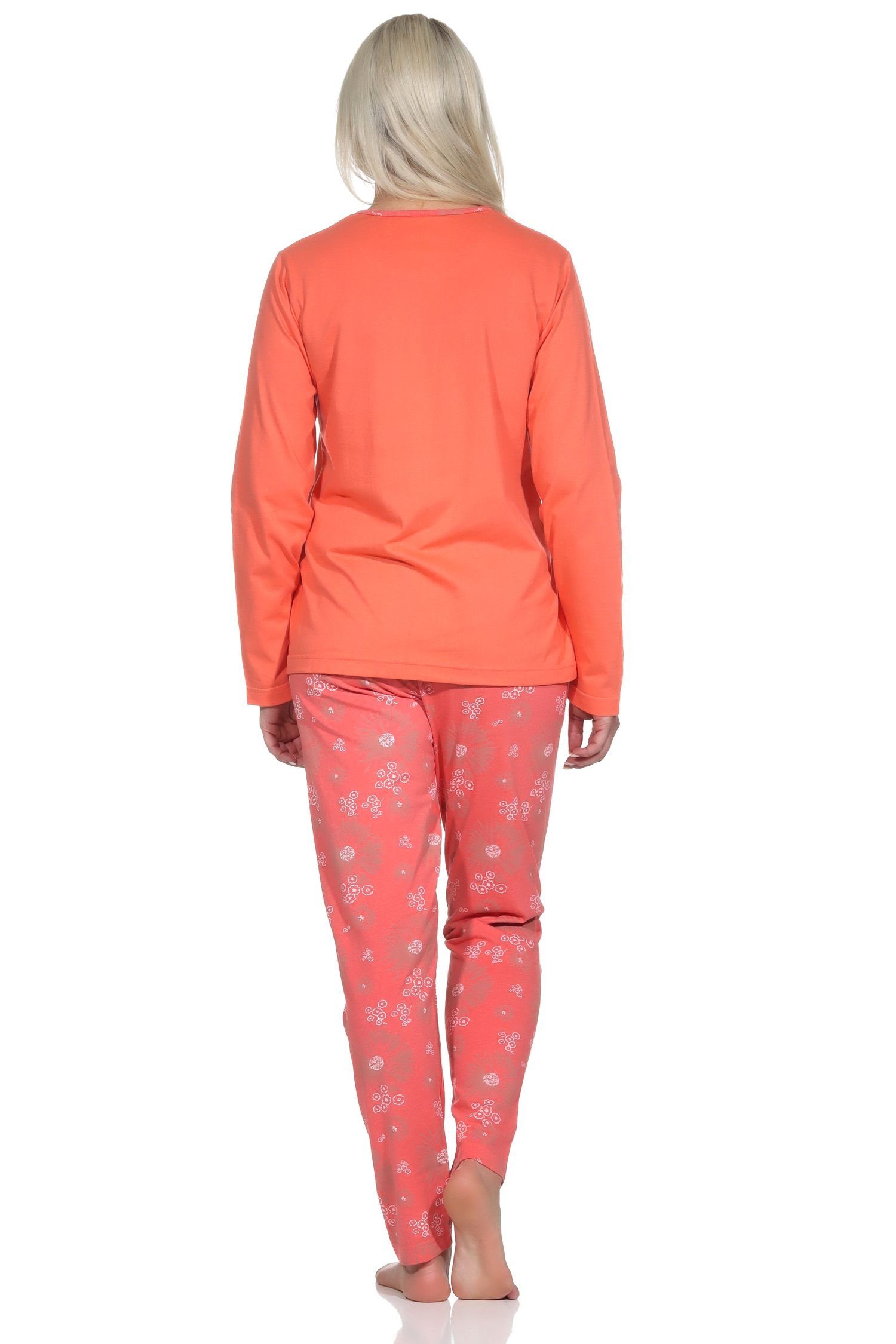 Schlafanzug lang, floralem Pyjama Verspielter Damen apricot Muster Pyjama mit Normann