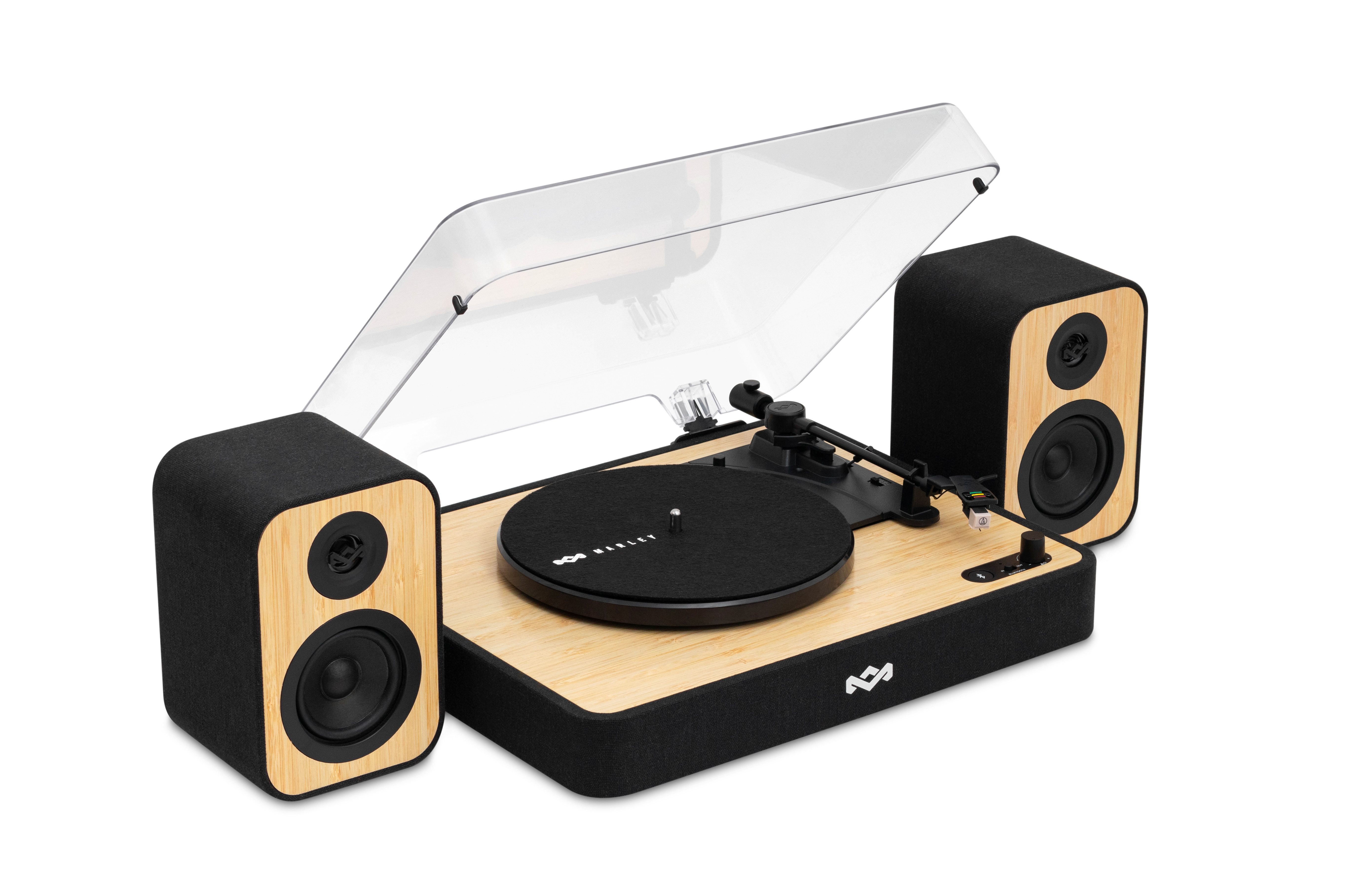 House of Marley Marley EM-JT304-SB Revolution Bluetooth Turntable + Lautsprecher Plattenspieler (Riemenantrieb, Bluetooth®, inkl. 2 Lautsprecher, Audio-Technica Tonabnehmer & 3 Geschwindigkeiten)
