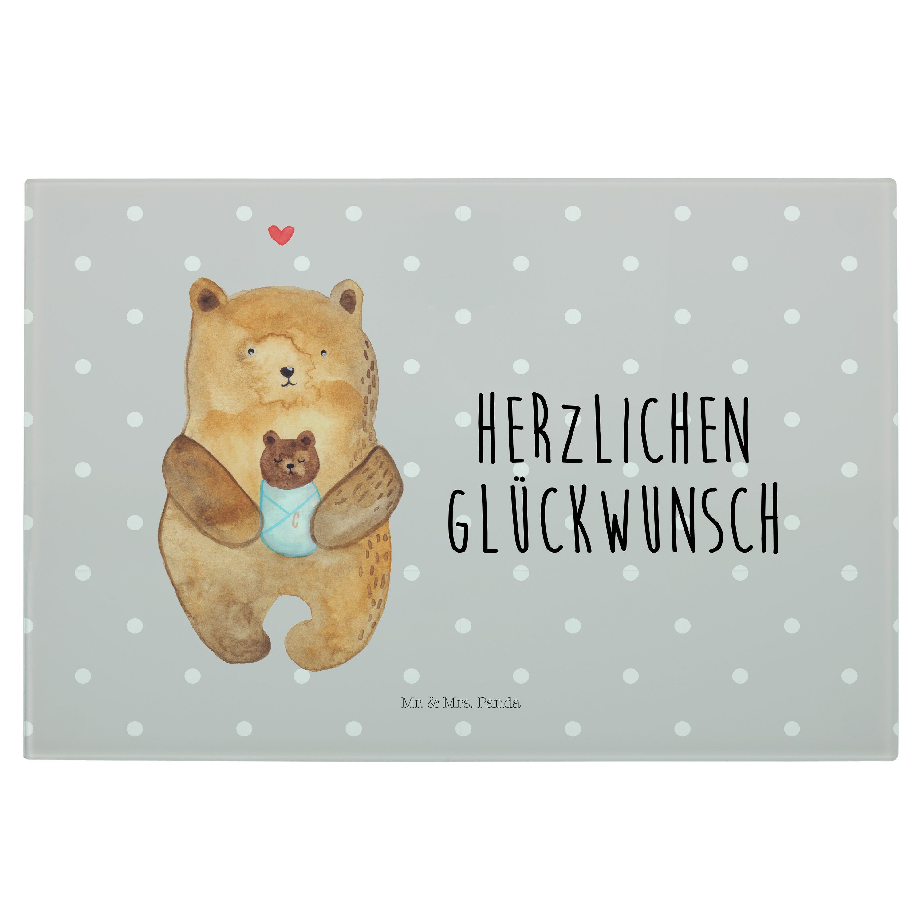 Mr. & Mrs. Panda Servierbrett Bär mit Baby - Grau Pastell - Geschenk, Schneidebrett, Glasschneidebr, Premium Glas, (1-St)