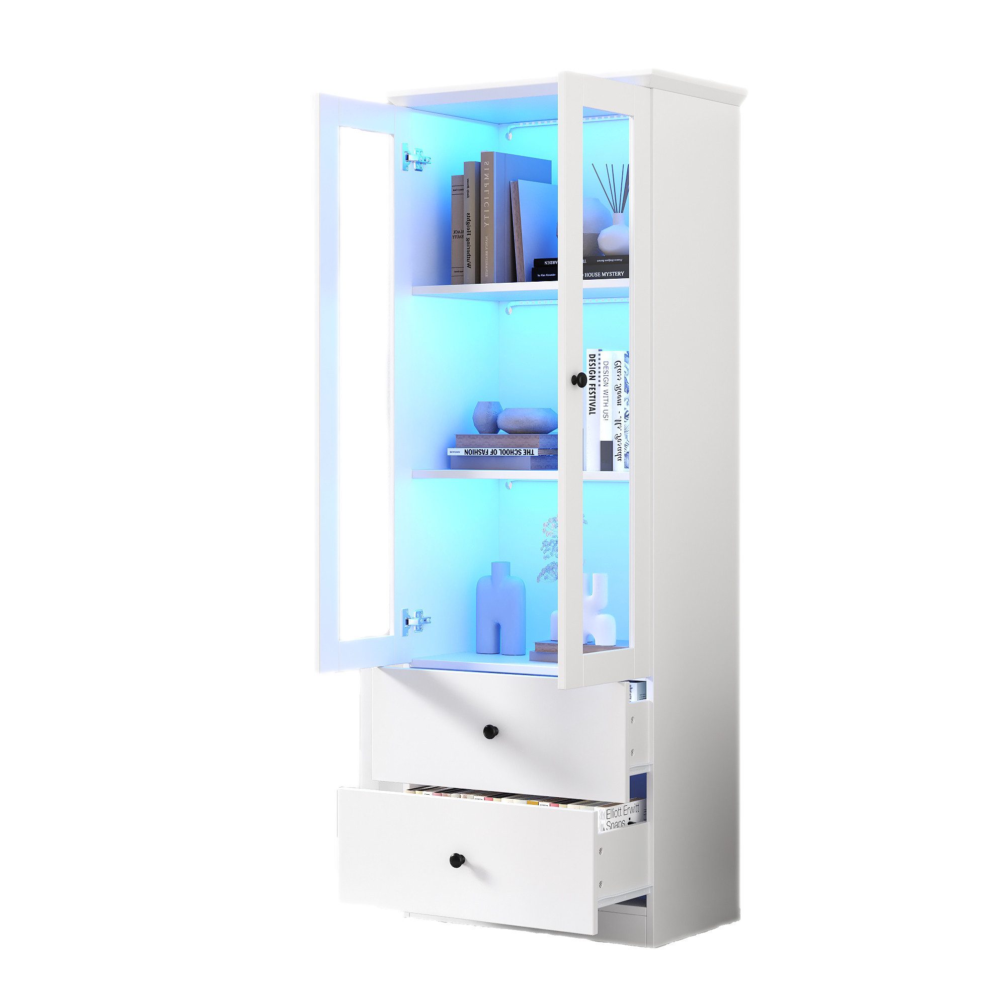 MODFU Vitrine mit LED-Beleuchtung, 16 Farben (Hochschrank, Lagerschrank, Highboard, Lagerschränke, 1-St., 2 Türen, 2 Schubladen) mit USB-Anschluss, verstellbaren Fachböden, Flügeltüren