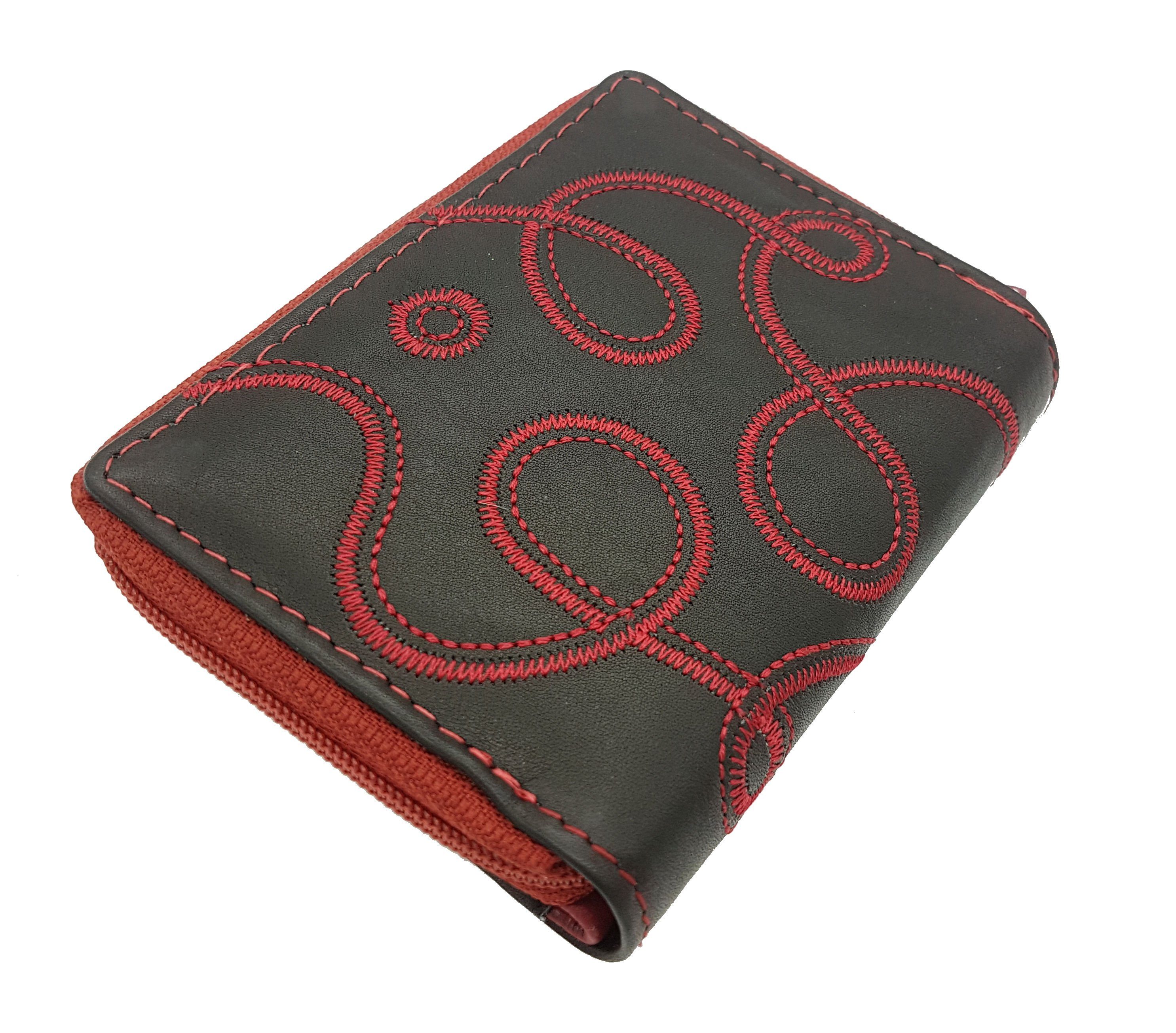 JOCKEY CLUB Reißverschlussmünzfach echt Stickerei, Damen Schutz RFID mit Leder "Loop", Mini Portemonnaie kleines Rot Geldbörse mit