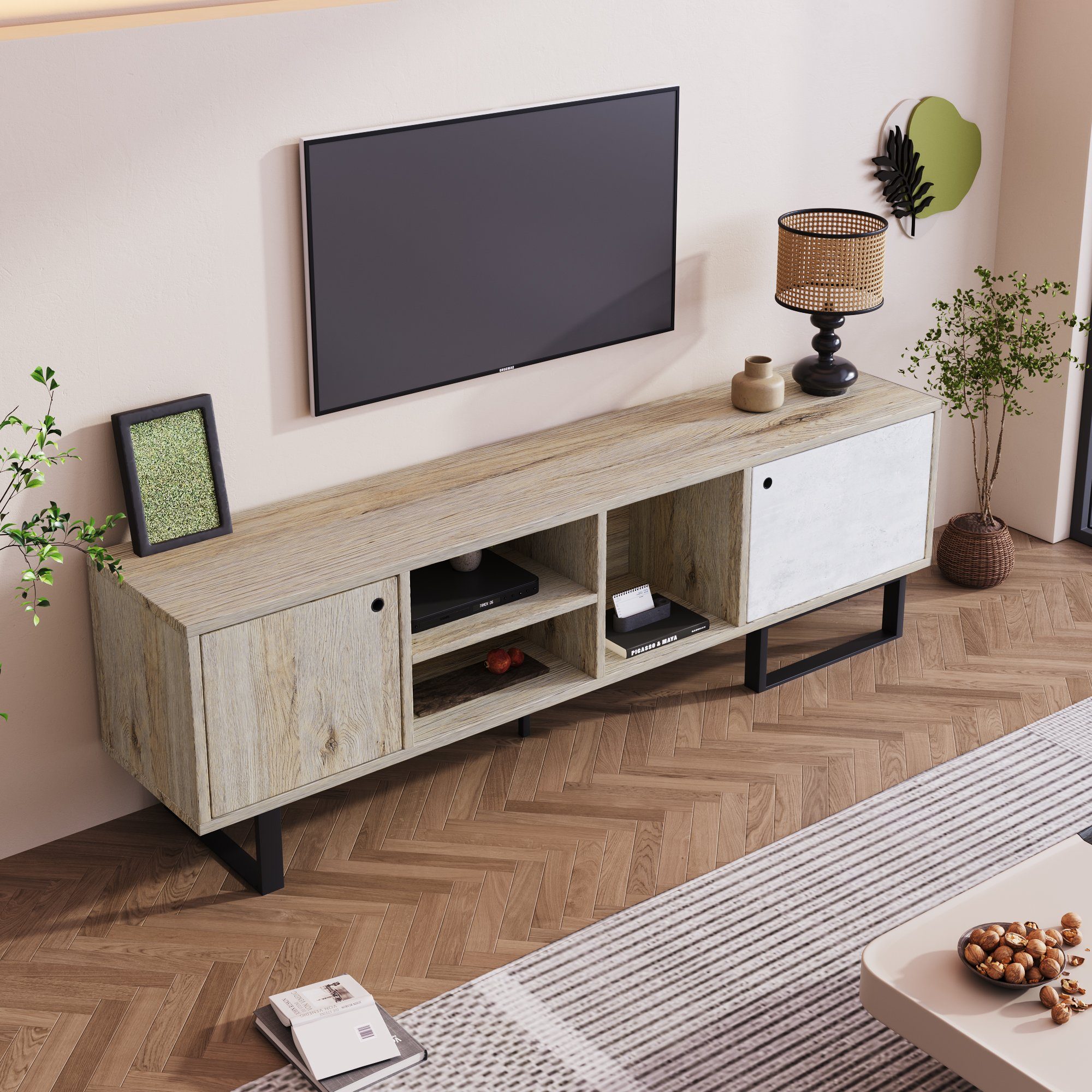 Merax Lowboard mit 2 Türen und 3 offenen Fächern, TV-Board mit Eisenbeine,  Fernsehtisch Holz, TV-Schrank, B/H/T: 160/51,5/40cm