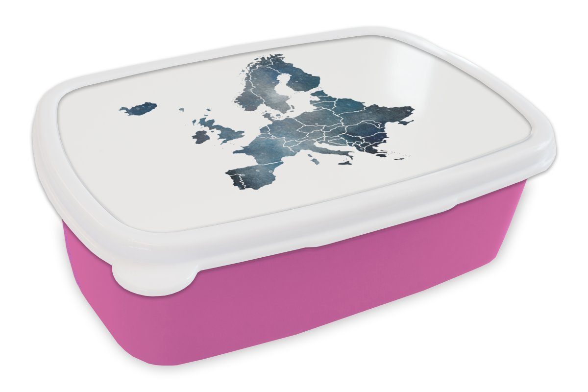 MuchoWow Lunchbox Karte von Europa - Blau - Aquarell, Kunststoff, (2-tlg), Brotbox für Erwachsene, Brotdose Kinder, Snackbox, Mädchen, Kunststoff rosa