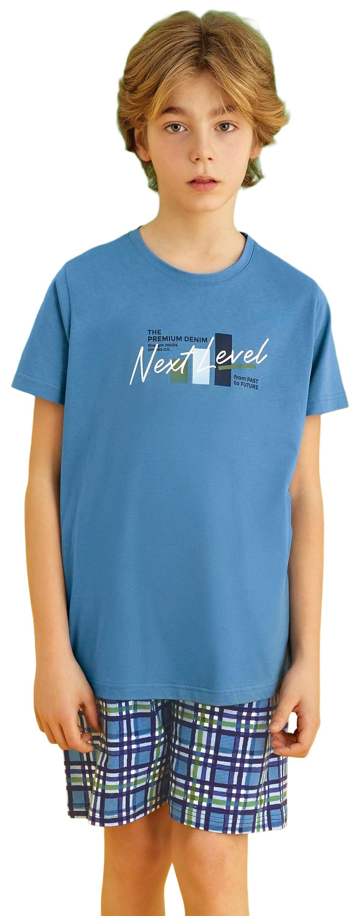 Vienetta Schlafanzug Kids (Set, 2 tlg., 2-teilig) Jungen Pyjama Bermuda Shorty Kurzarm Baumwolle Karomuster