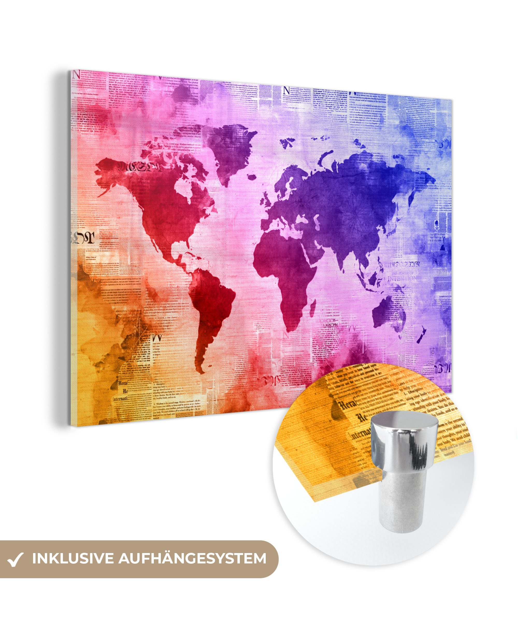 MuchoWow Acrylglasbild Weltkarte - Aquarell - Regenbogen, (1 St), Glasbilder - Bilder auf Glas Wandbild - Foto auf Glas - Wanddekoration