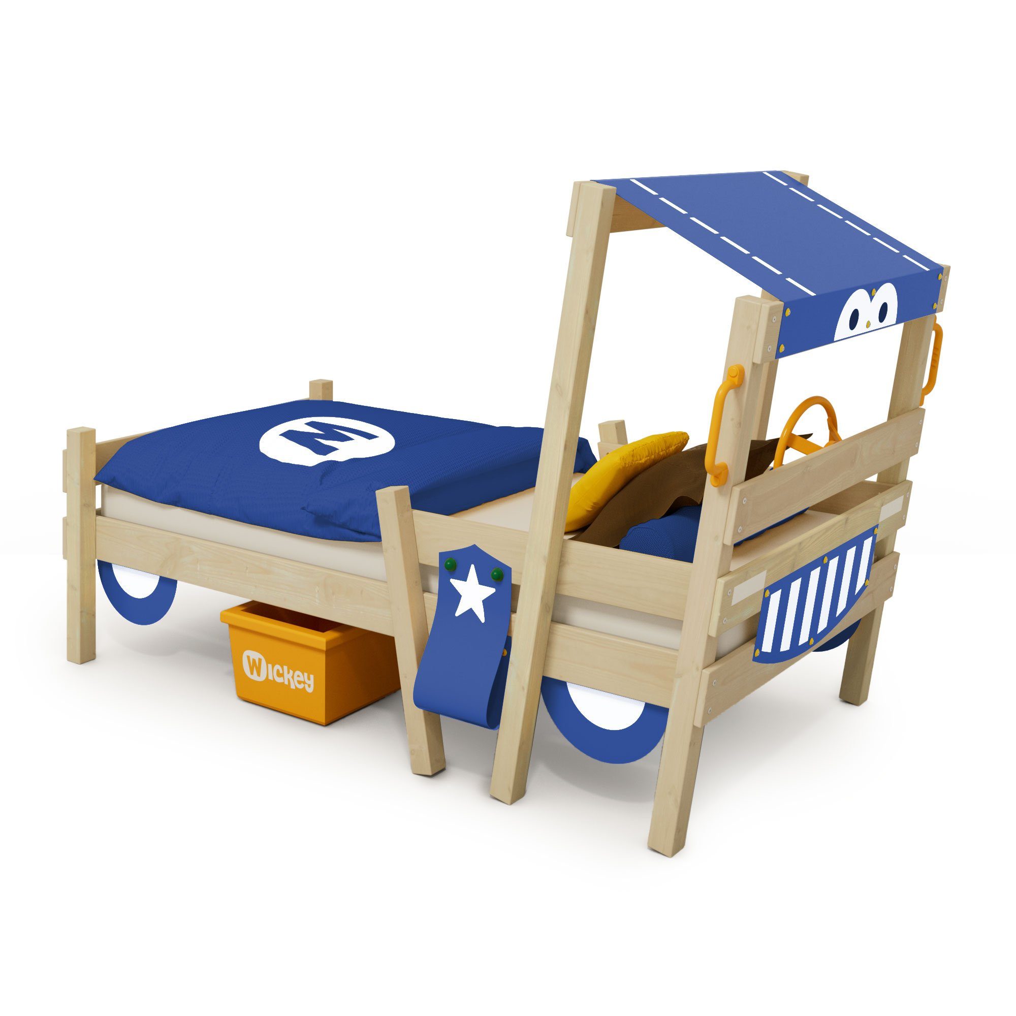 aus 90 Crazy blau 200 für und Kinder), Spielbett x Massivholzbett Kinderbett Spielbett, cm Fun Holzbett Brettern, Pfosten Sparky - Wickey (Holzpaket