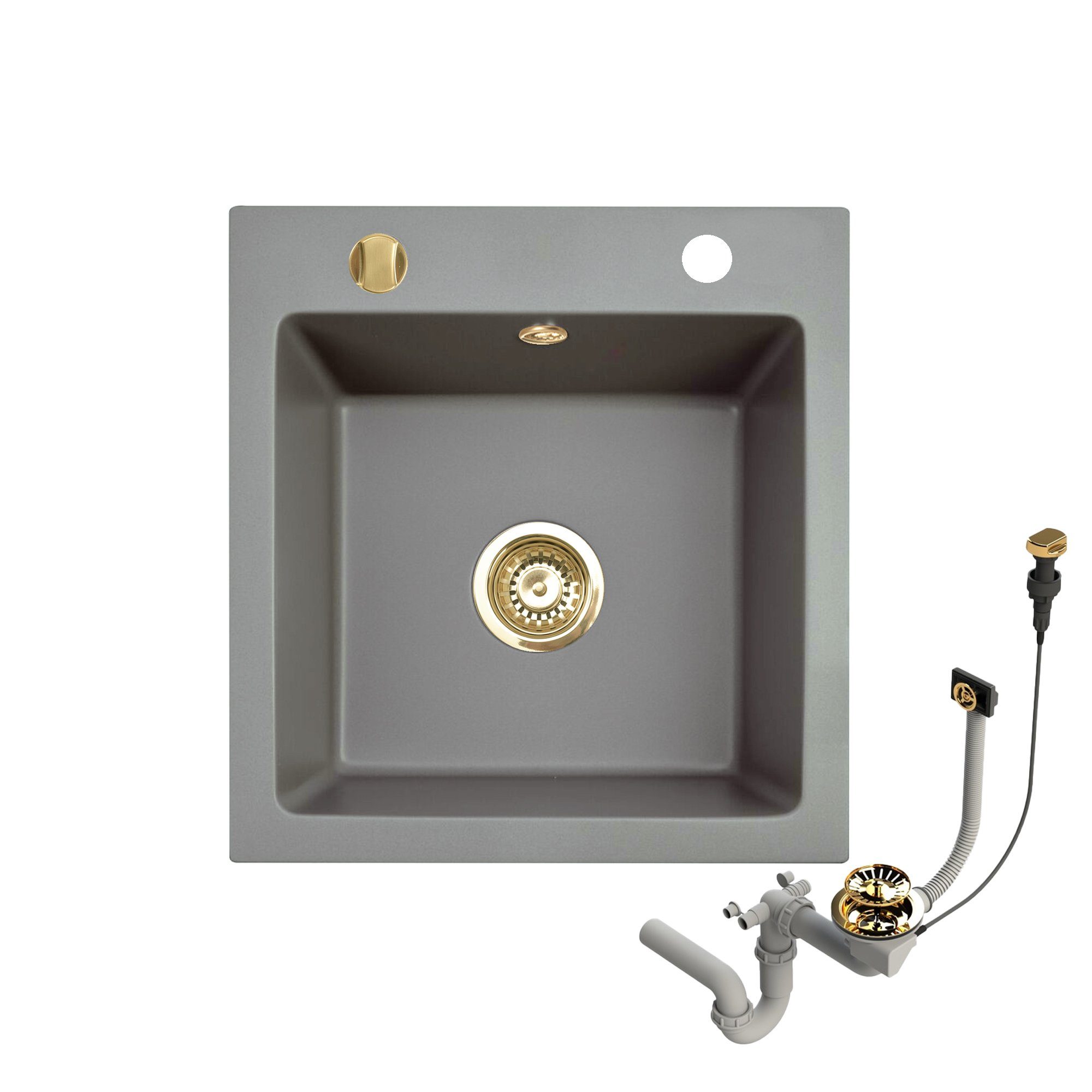 Faizee Möbel Granitspüle Granitspüle Küchenspüle Granit Siphon Gold Spüle 48x50cm Grau, eckig, 48/50 cm