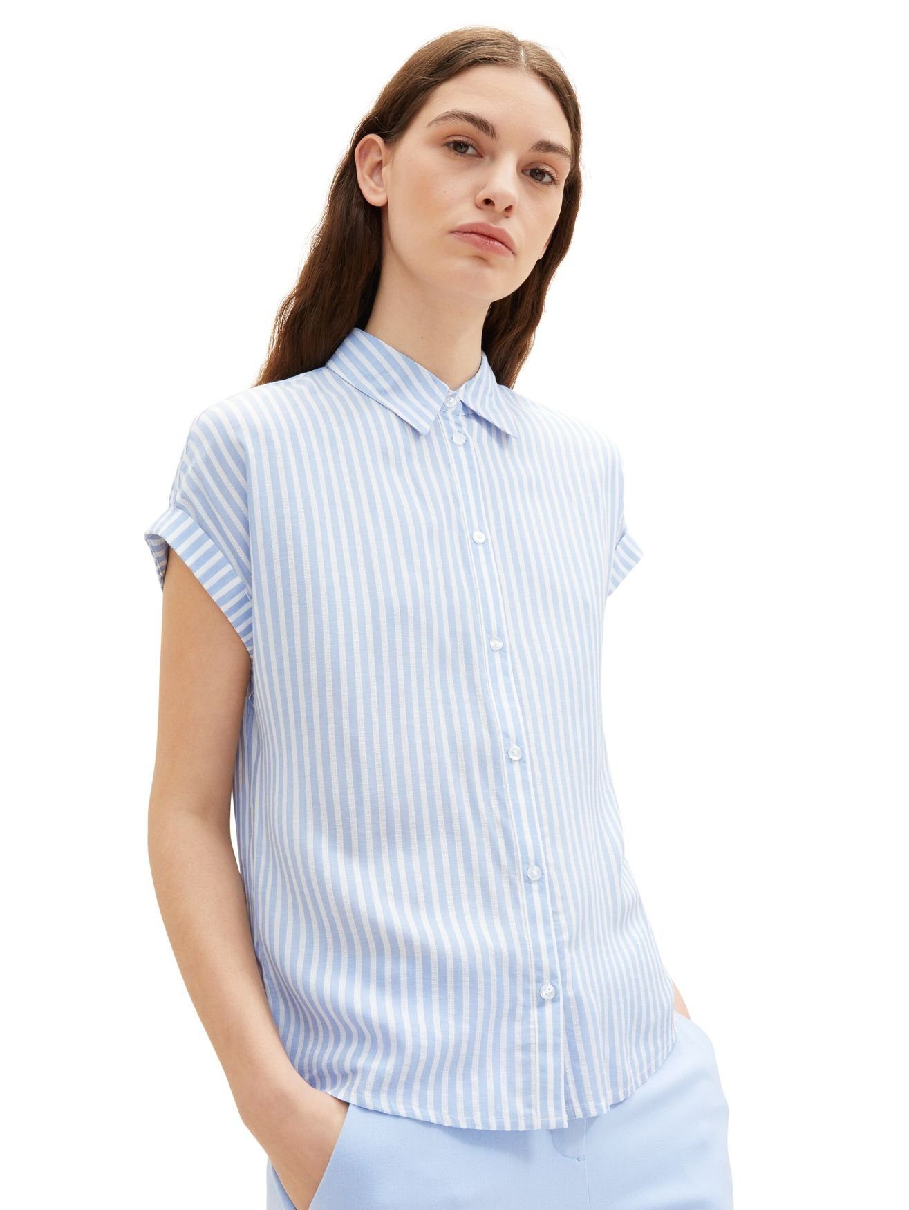 Übergröße 5364 in TAILOR Gestreifte Blau Shirt Kurzarm Blusenshirt Bluse TOM