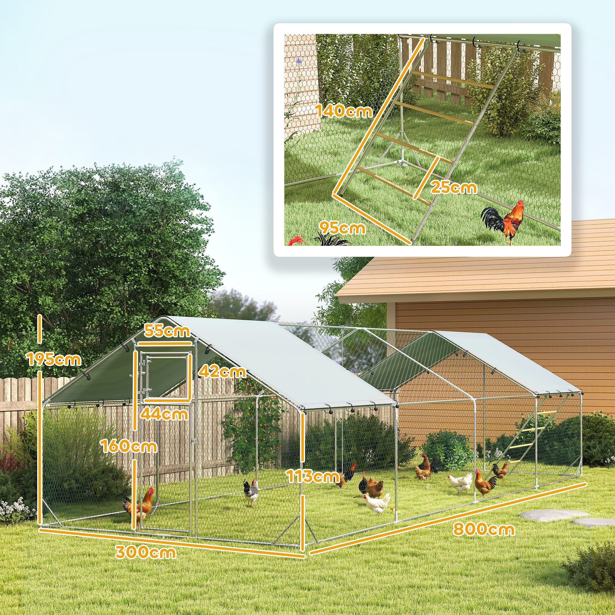 PawHut Hühnerstall 300 x 800 x 195 cm Hühnerkäfig mit UV-beständiger Abdeckung, für 24-30 Hühner, Kleintiere, Silber