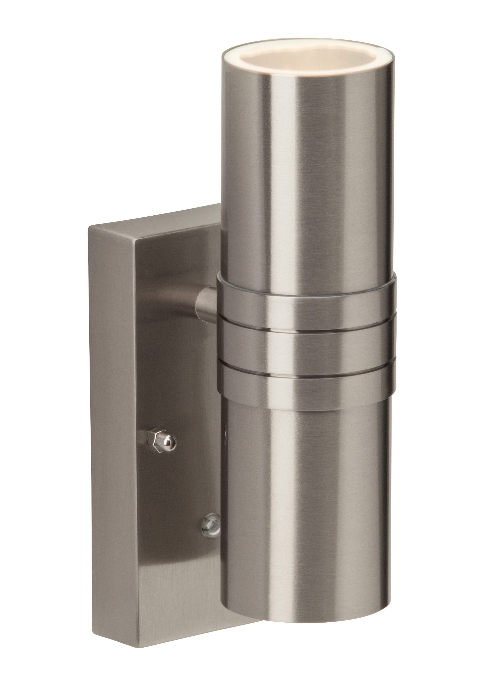 Brilliant LED Außen-Wandleuchte Hanni, LED wechselbar, 21,5cm Höhe, Dämmerungsschalter, Edelstahl, 2 x GU10 max. 3W, silber
