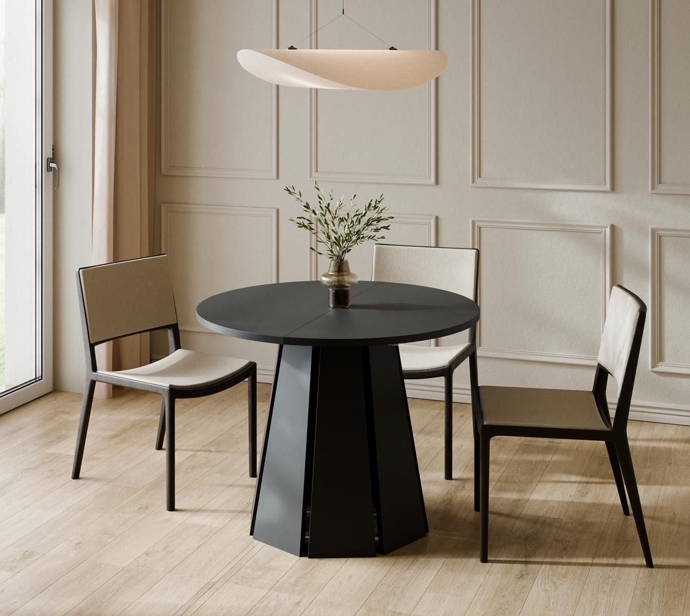 Compleo Esstisch ausziehbar 100-180, Japandi Design (Rund, Oval), Nussbaum, Eiche cremona oder Kaschmir MORI