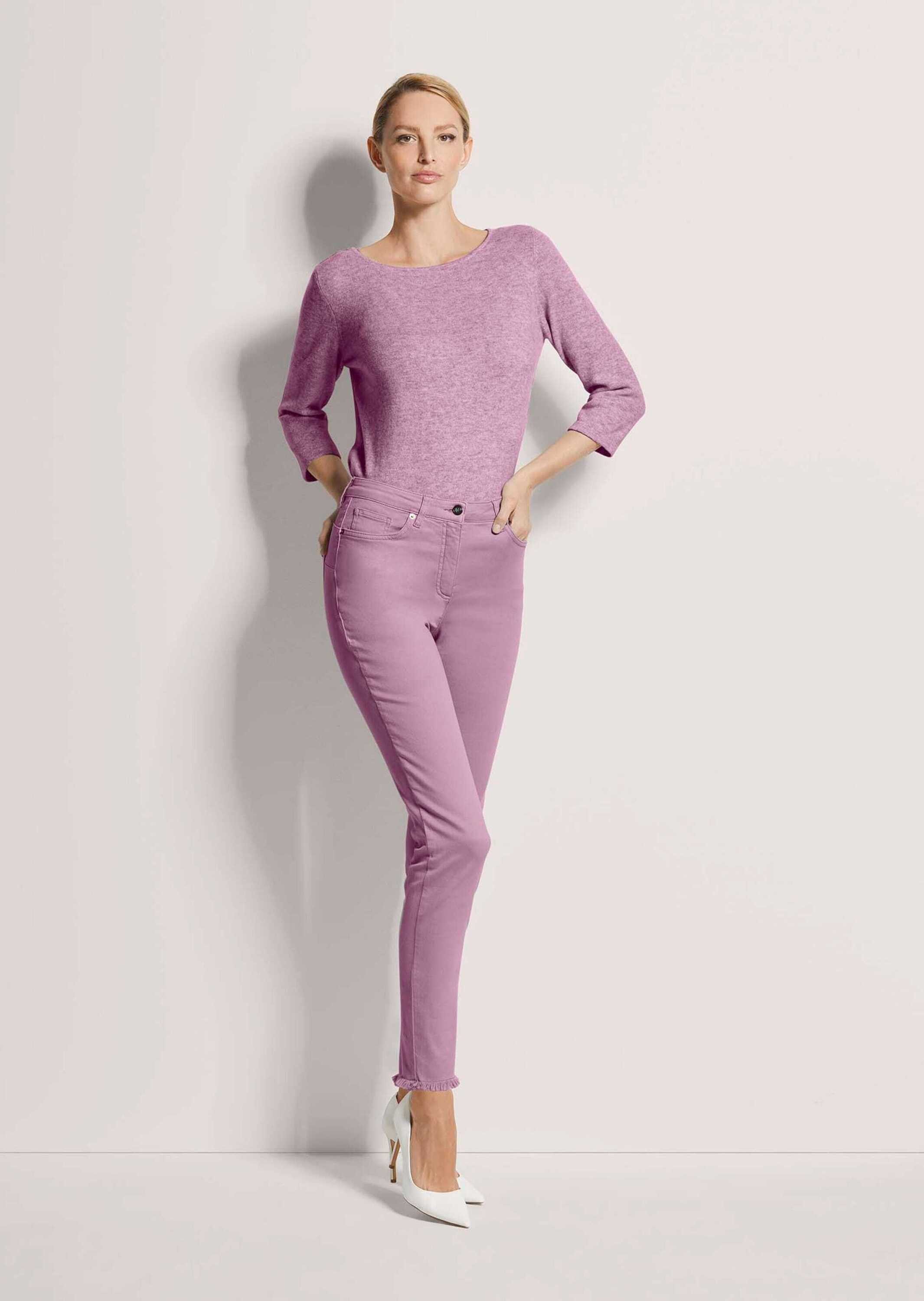 MADELEINE Gerade Jeans Kurzgröße: Mid Waist Skinny-Hose mit Fransen Fransen günstig online kaufen