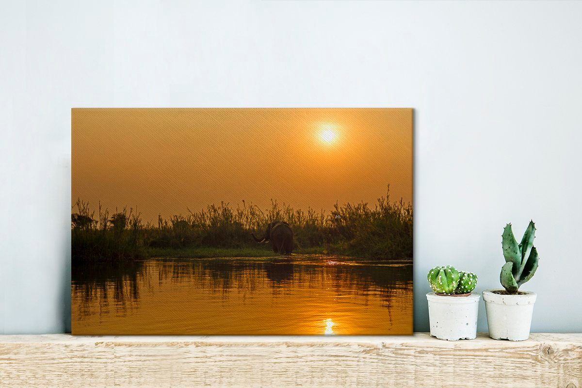 Wandbild 30x20 St), (1 Leinwandbild Sonnenuntergang Wanddeko, cm Zambezi OneMillionCanvasses® des Sambesi-Flusses entlang im Aufhängefertig, Leinwandbilder, Lower National,