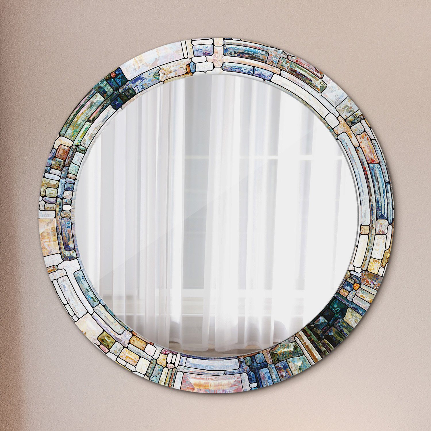 Tulup Dekospiegel mit Aufdruck Badezimmerspiegel Wandspiegel Rundspiegel Rund: Ø70 cm, Wohnzimmer Spiegel Gebeizt Glas