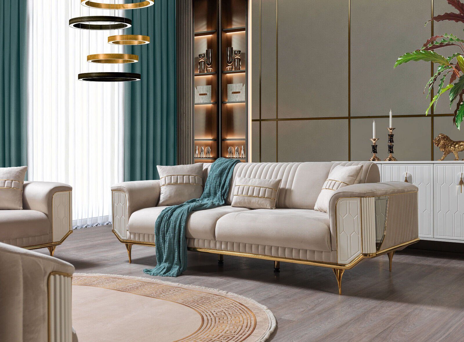 JVmoebel 3-Sitzer Wohnzimmer Sofas 3 Sitzer Polster Luxus Texti Couch Design Beige