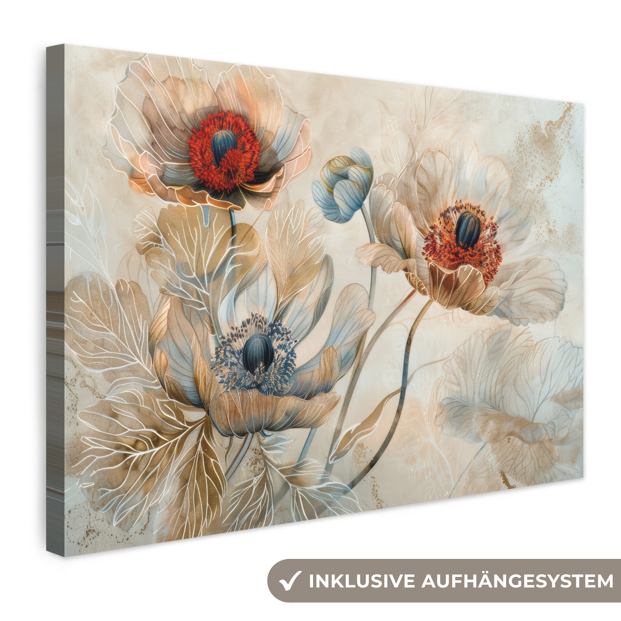 OneMillionCanvasses® Leinwandbild Blumen - Beige - Modern - Illustration, Fotodruck (1 St), Leinwand Bilder Klein, Wand Dekoration Aesthetic 30x20 cm