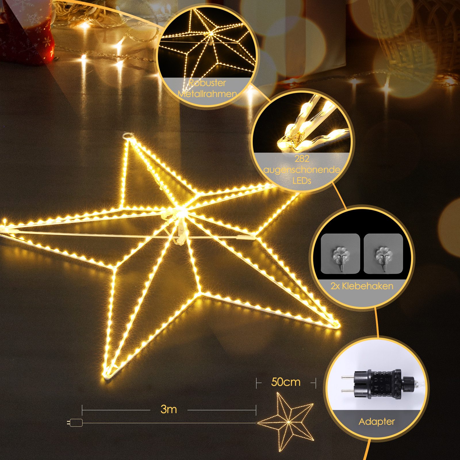 Quntis LED-Lichterkette LED Stern Fensterdeko, Warmweiß weihnachtsdeko, Faltbar, mit 3m Kabel, 50cm Fünfzackstern, 282 LEDs, IP20, inkl. Haken, Ideal für Fenste – Bild 4 von 5
