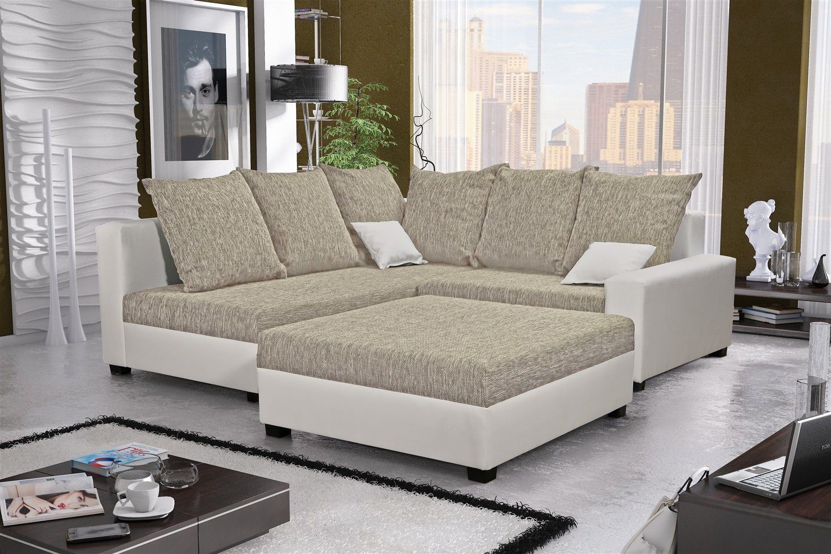 6 Möbel und mane Ecksofa Sofa inkl x inkl. Weiß/Beige oder Rechts Zierkissen, NINA Hocker Links, Fun 2x Rückenkissen