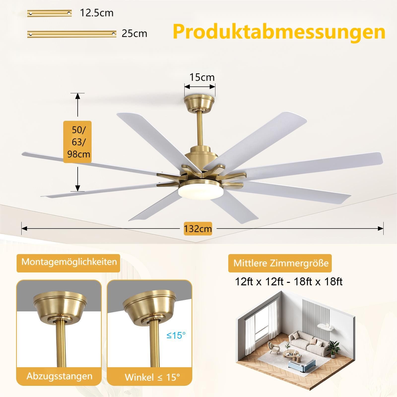 Sofucor Deckenventilator mit Licht und Fernbedienung, 132 cm, 8 ABS-Flügel, 8 weiße ABS‑Flügel, 1‑/4‑/8‑Stunden‑Timer
