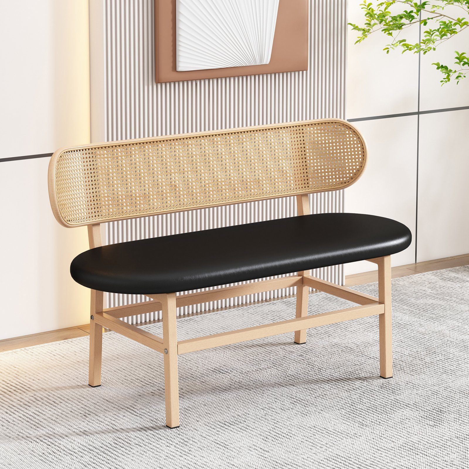 SEEZSSA Esszimmerstuhl Komfortables ovale Doppelstühle Sitzkissen, Freizeitbänke Schwarz mit Moderne Rattan-Rückenbank, Wohnzimmer, für 120x75cm