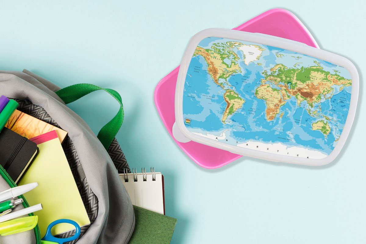 MuchoWow Lunchbox Weltkarte - - Kinder, Kunststoff Kinder rosa - Jungen Mädchen, Erwachsene, Brotbox (2-tlg), Atlas Snackbox, für - - Farben Mädchen, Brotdose Kunststoff