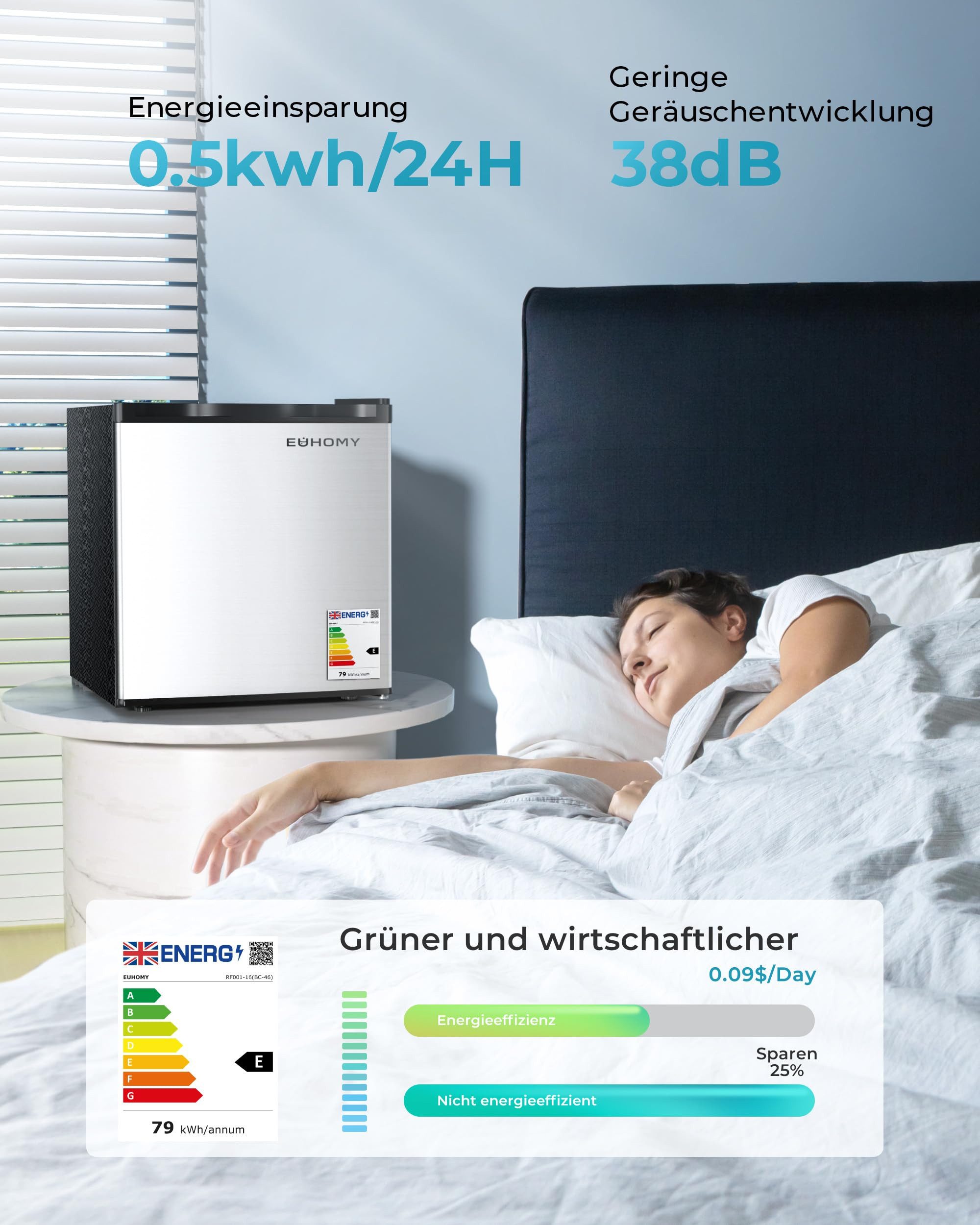 EUHOMY Table Top Kühlschrank 46/90L Kühlschrank, 7-Stufen Thermostat, Leise, Energieeffizienter RF001, 45.8 cm hoch, 44.5 cm breit, No Frost, Schnellgefrierfunk – Bild 5 von 5