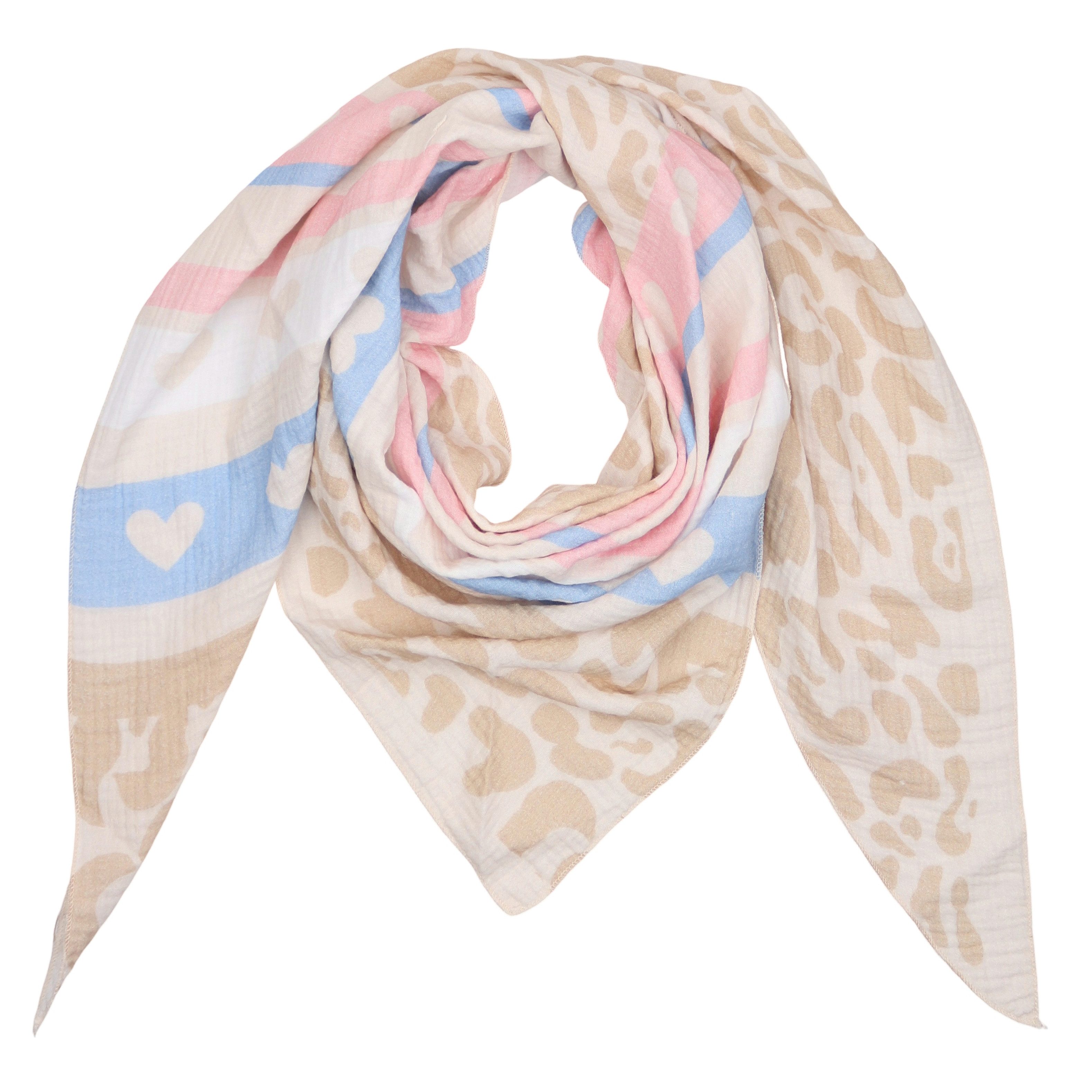 MIRROSI Dreieckstuch Aus Musellin Dreiecksschal ca.195x90 cm, Made in Italy, (Leicht, ideal für das ganze Jahr; 100% Baumwolle), in tollen Farben (Leo Love Muster)