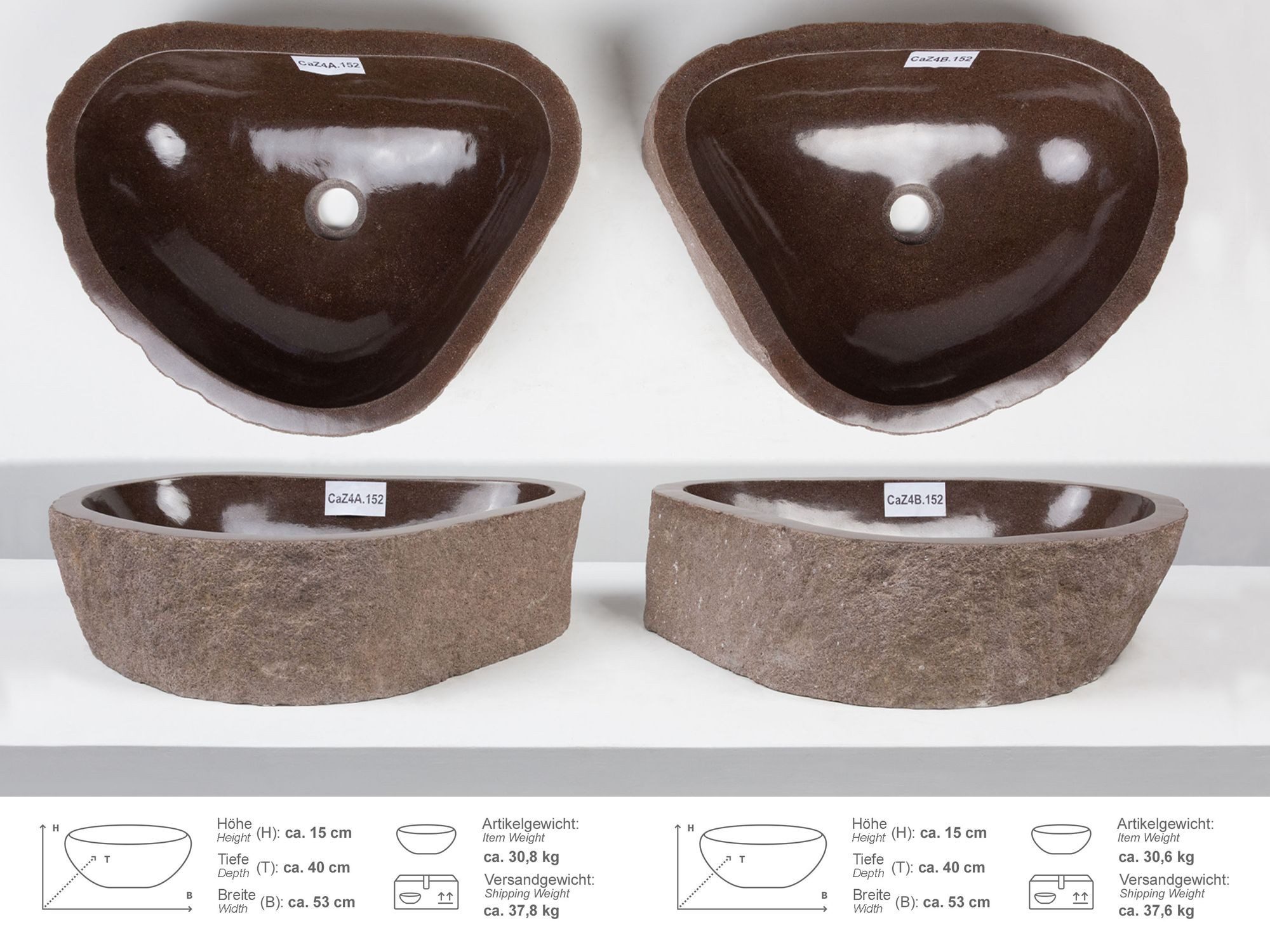 wohnfreuden Aufsatzwaschbecken Naturstein Zwilling Doppelwaschbecken 50 cm (Kein Set), 125597_CaZ4.152