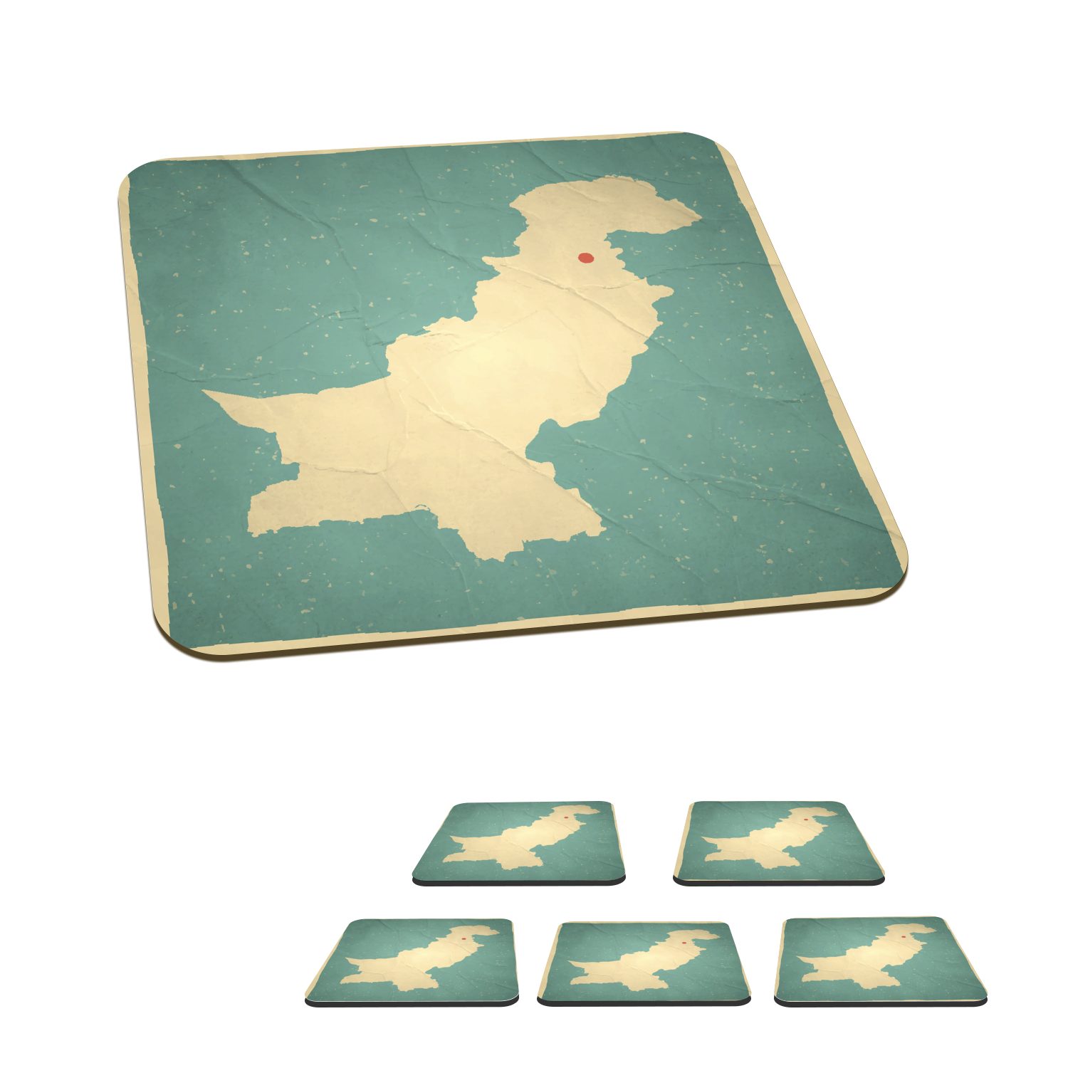 MuchoWow Glasuntersetzer Illustration einer Karte von Pakistan im Retrostil, Zubehör für Gläser, 6-tlg., Glasuntersetzer, Tischuntersetzer, Korkuntersetzer, Untersetzer, Tasse