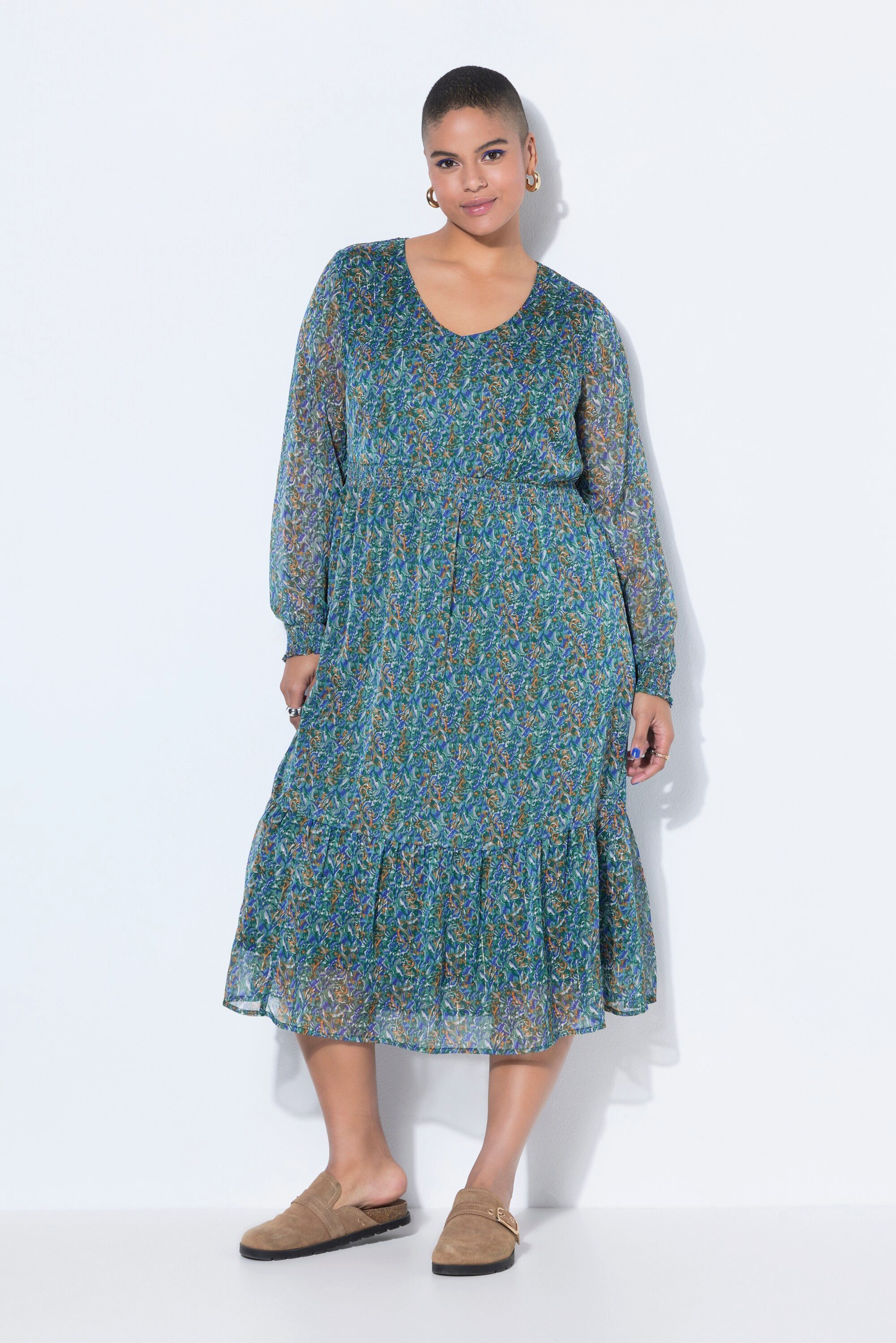 Studio Untold Maxikleid Maxikleid A-Line Print mit Glitzerfäden Saumvolant