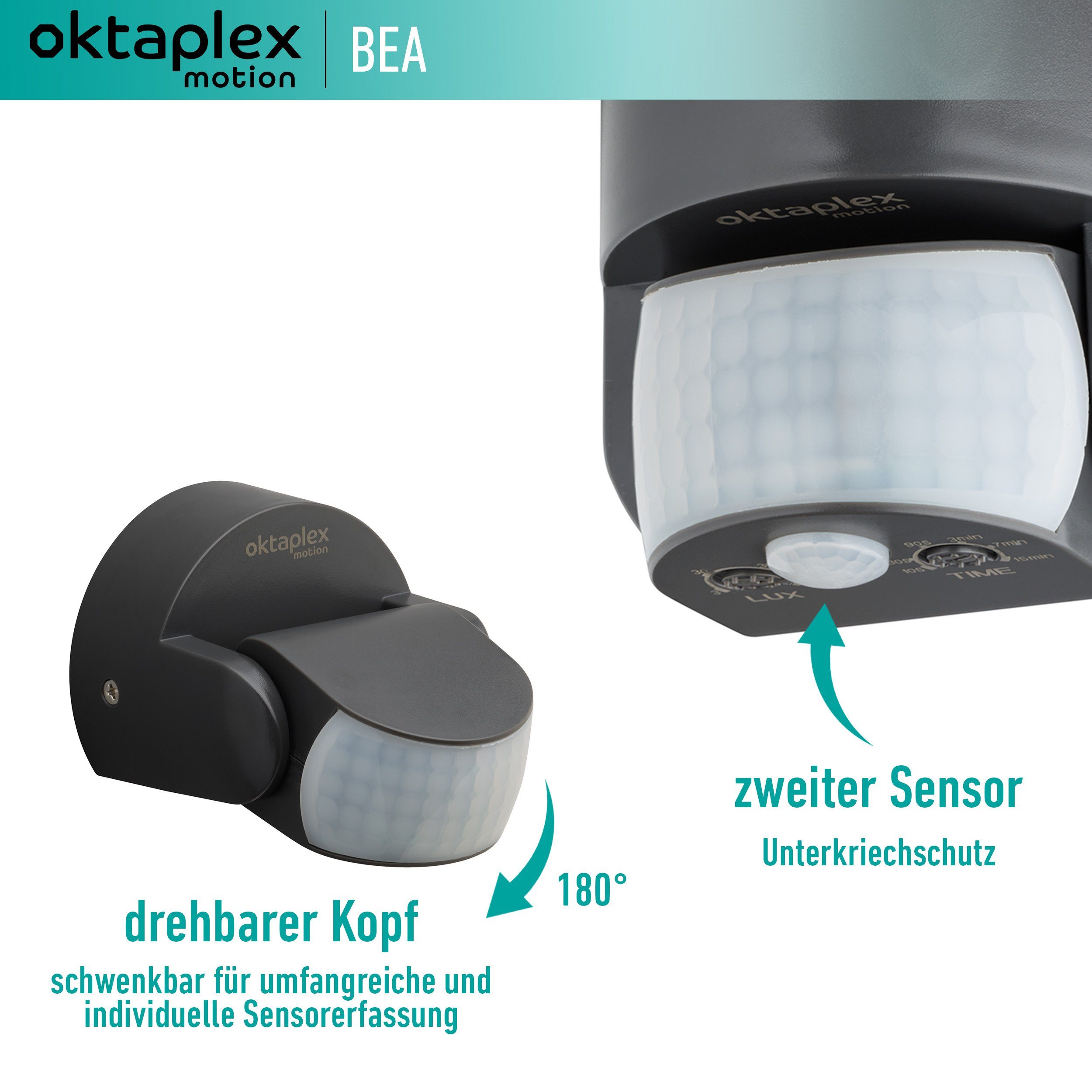 Thumbnail - Oktaplex motion Bewegungsmelder 2er Set IP65 2 Sensoren, Infrarotsensor 230V schwenkbar Aufputz 12m Reichweite anthrazit