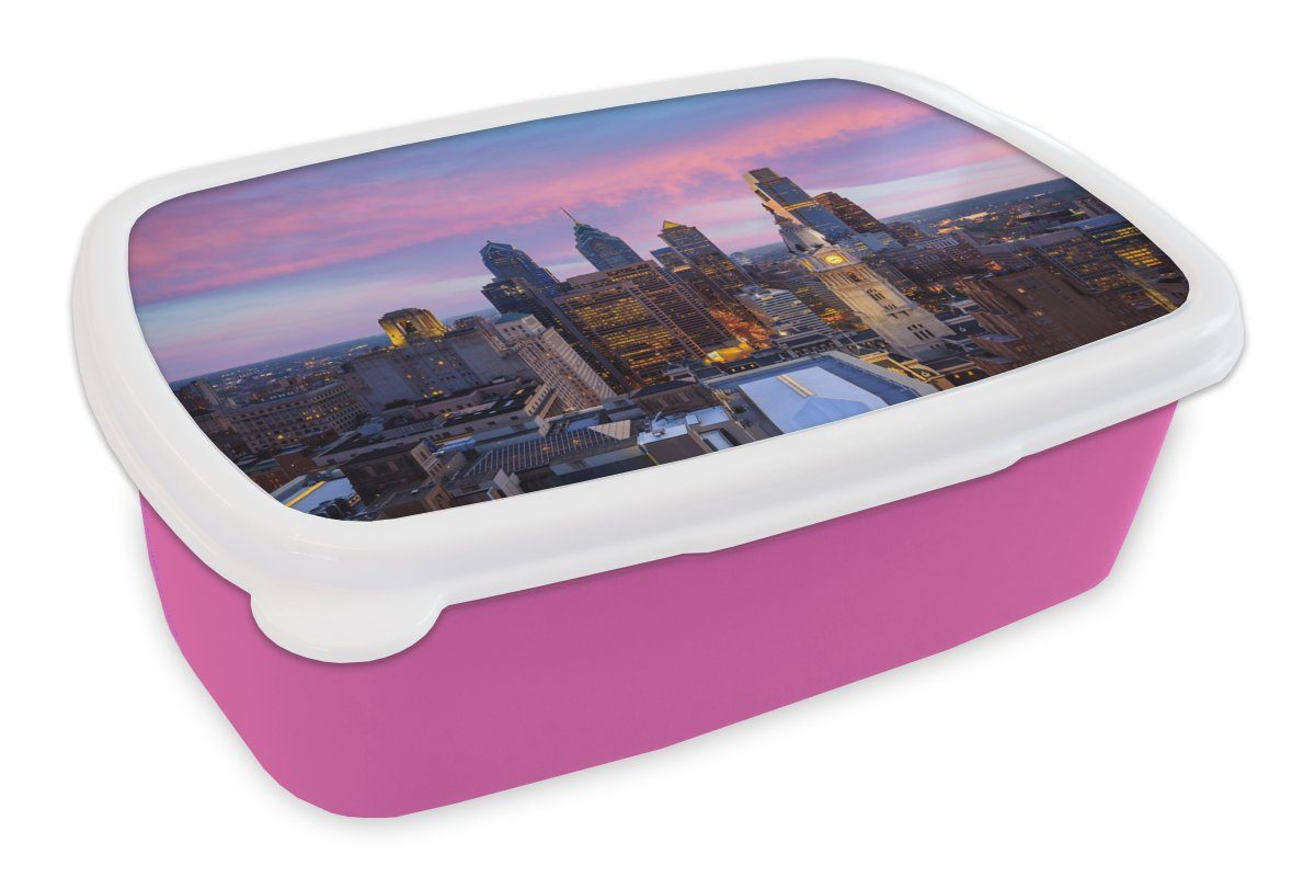 MuchoWow Lunchbox Städte - Skyline - Vereinigte Staaten, Kunststoff, (2-tlg), Brotbox für Erwachsene, Brotdose Kinder, Snackbox, Mädchen, Kunststoff rosa