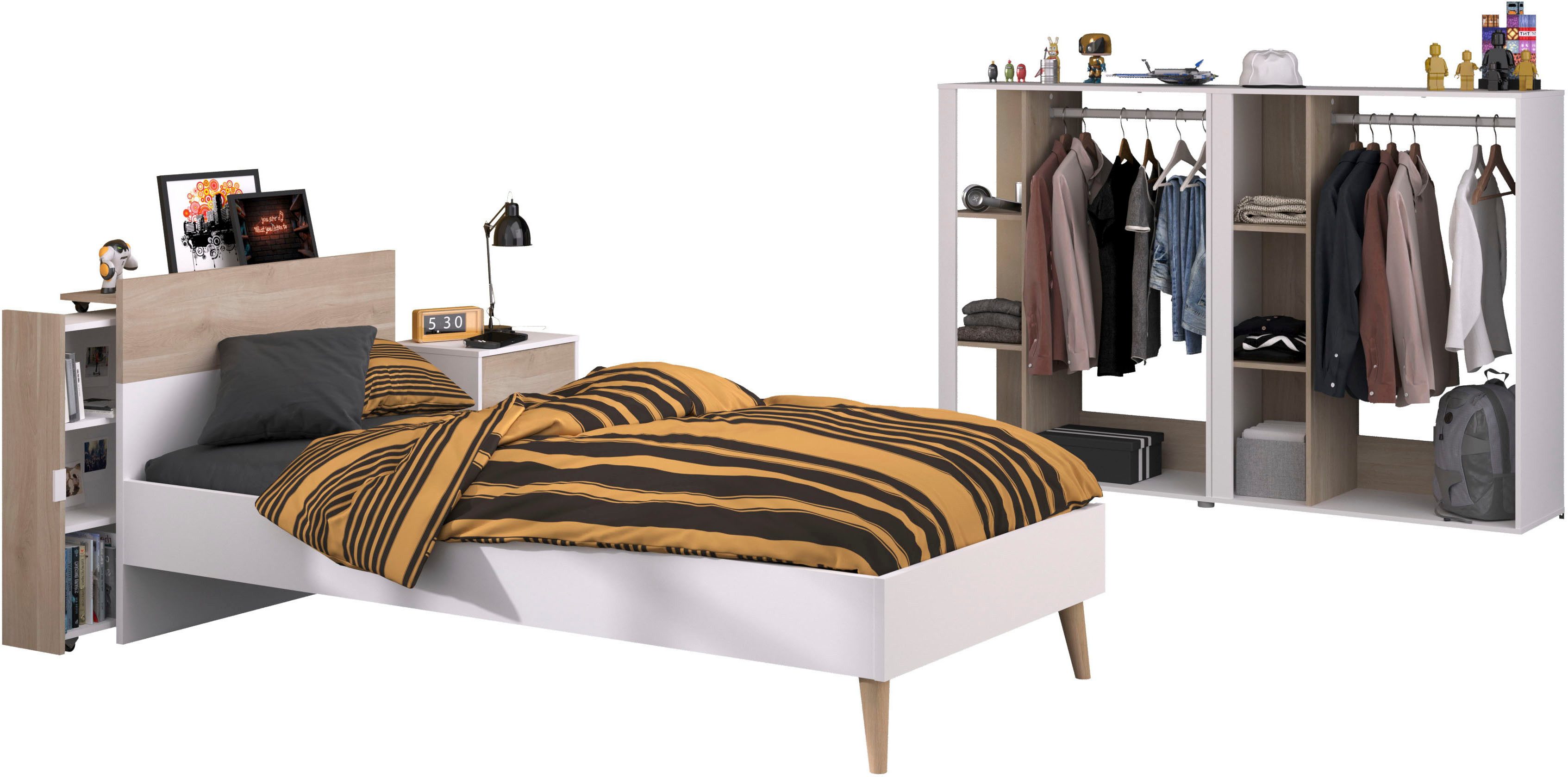 Parisot Jugendzimmer-Set Parisot Aalborg 6, (Set, 4-tlg), offene Regale als Kleiderschrank mit Keiderstange und Stauraumfächern