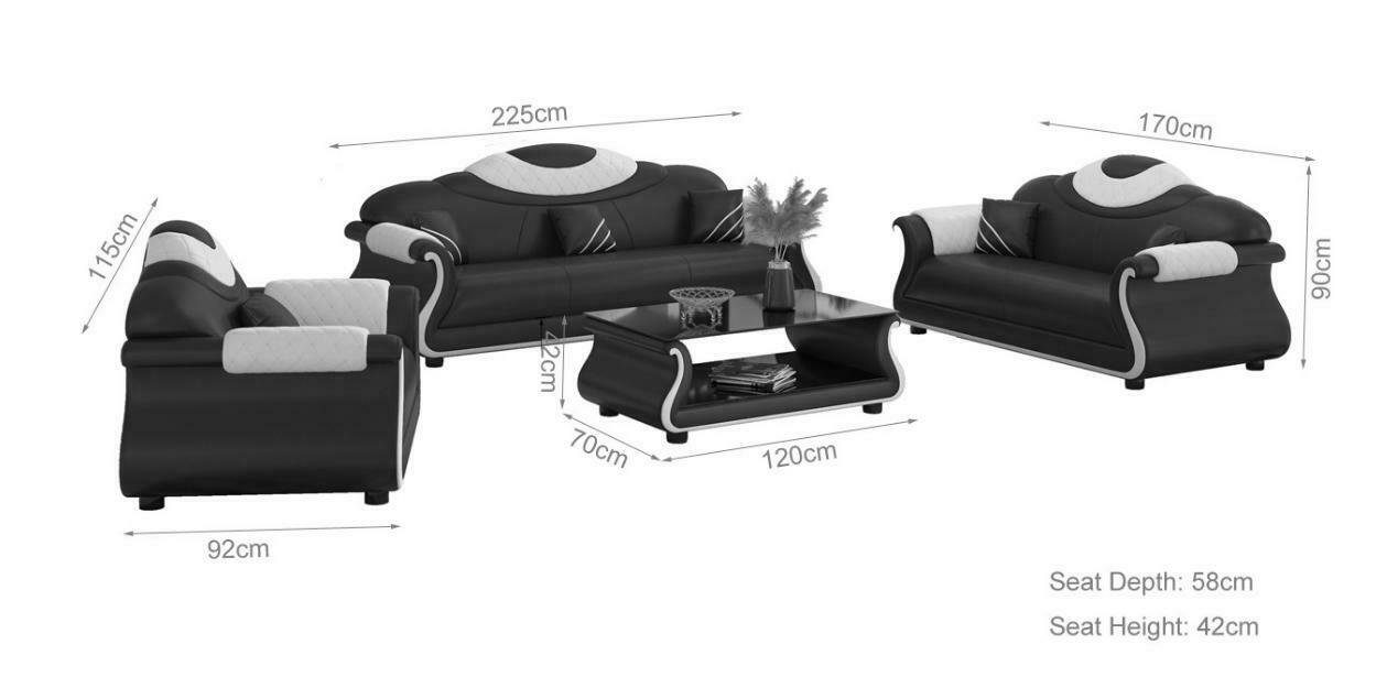 Schwarz/Weiß JVmoebel Sitzer Polster Luxus Möbel Holz 3+2+1 Sofa Couch + Wohnzimmer-Set Couchtisch neu