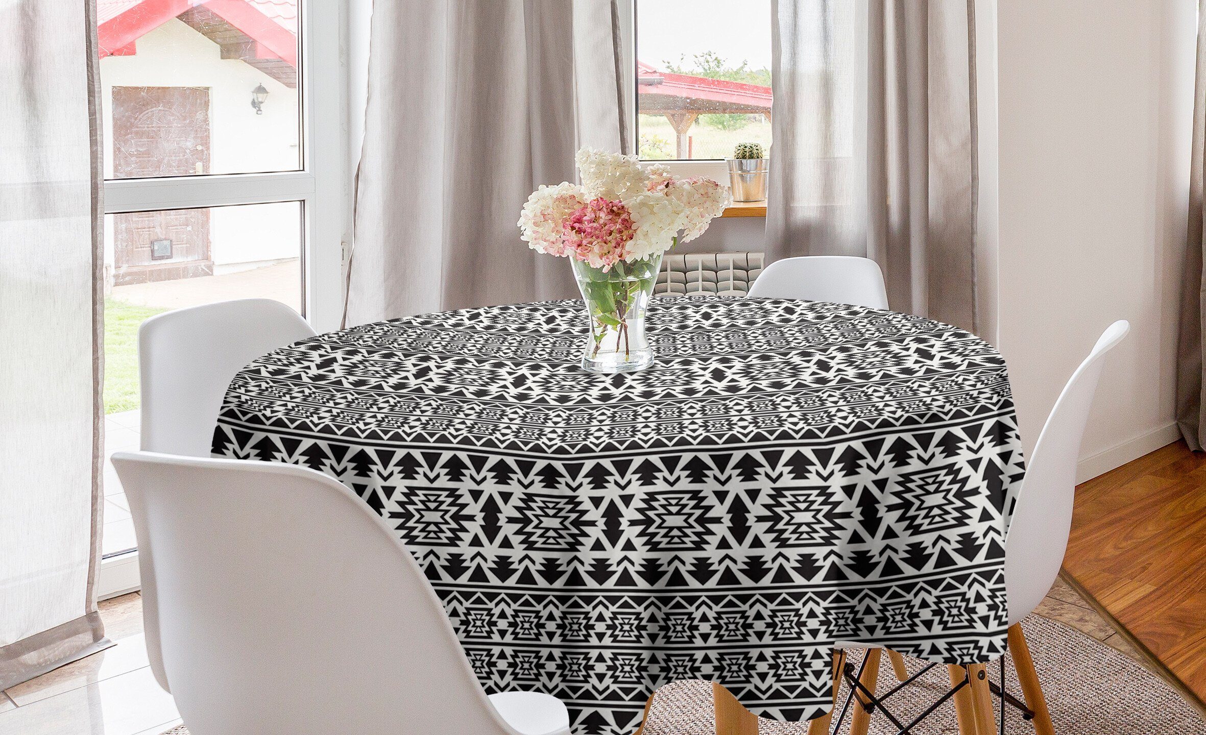 Abakuhaus Tischdecke Kreis Tischdecke Abdeckung für Esszimmer Küche Dekoration, Schwarz und weiß Folk Mexican