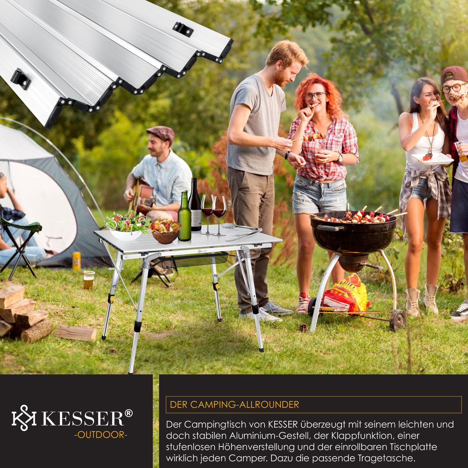KESSER Campingtisch, Klapptisch faltbar & höhenverstellbar mit aufrollbarer Tisch-Platte